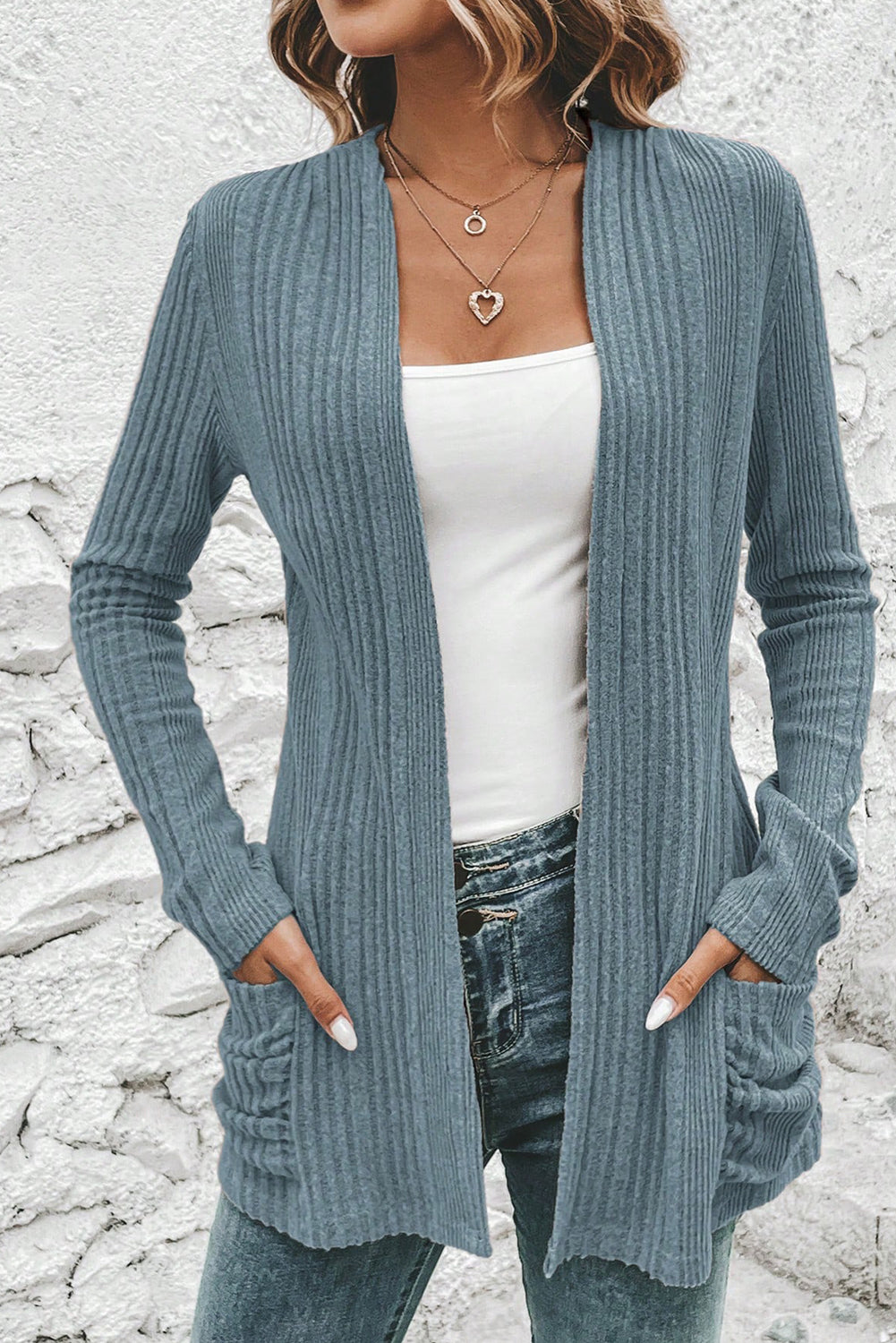 Rib-Knit Top Open-Front Knit Featuring Pockets in Stone Blue