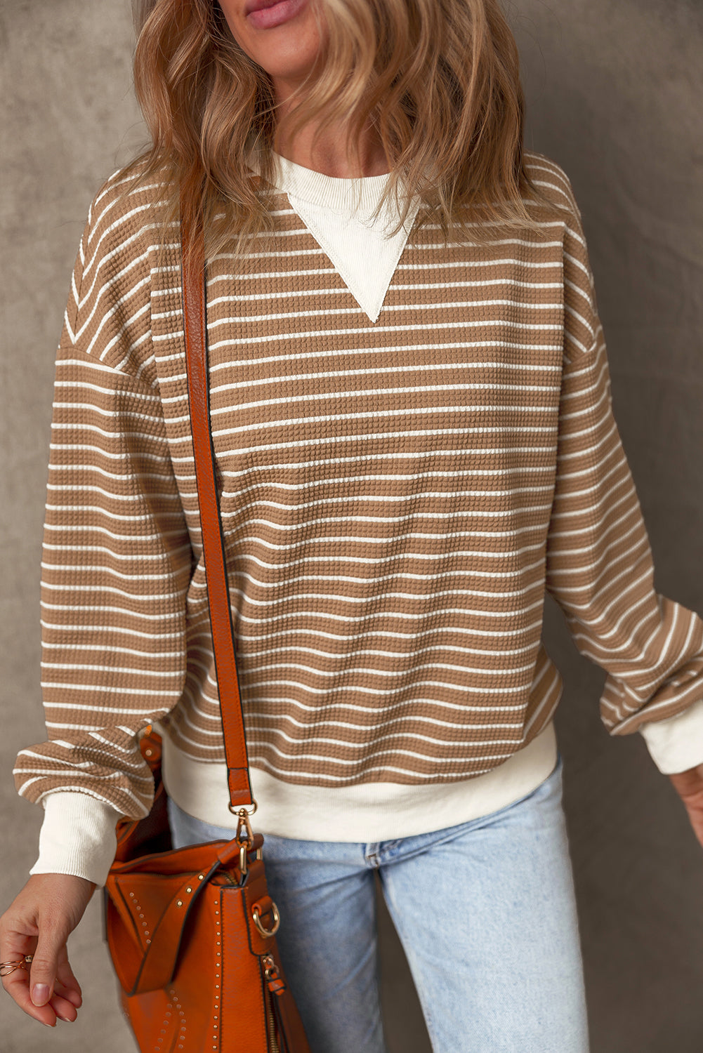 Patched Edge Textured Round Neck Long Sleeve Top