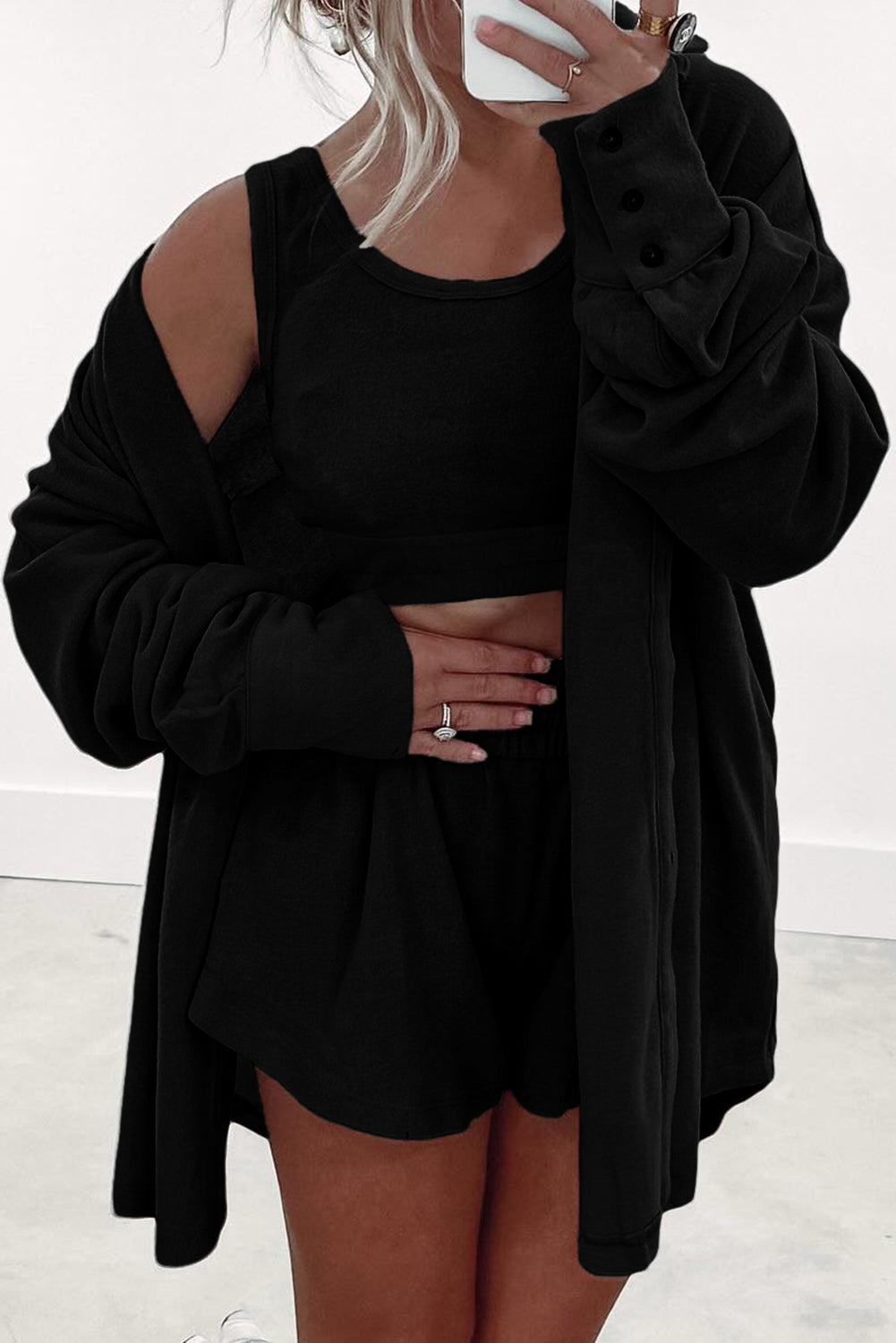 3 Tank Pcs Crop Top Shorts with Cardigan Lounge Set in Black