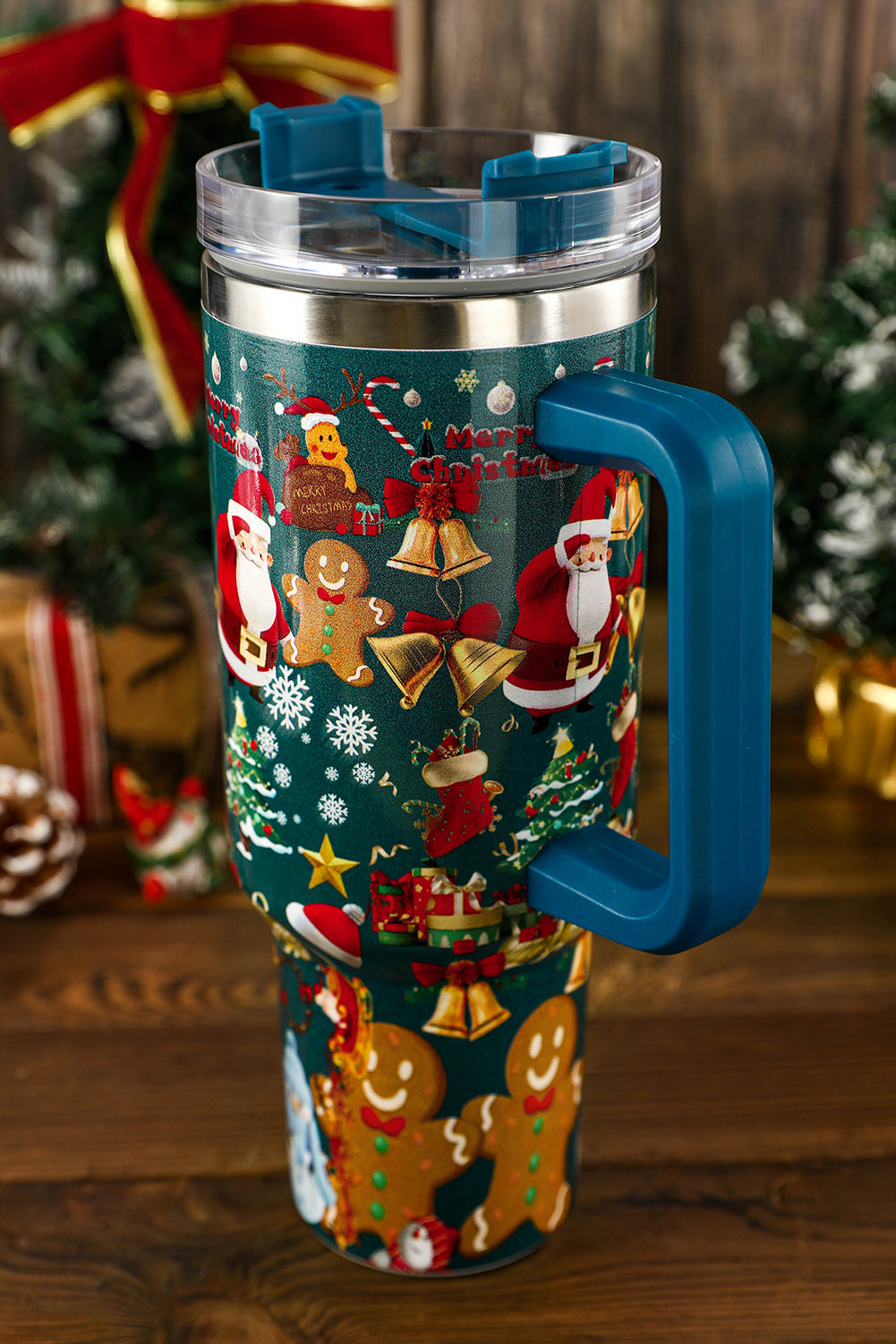 Handled Christmas Print Stainless Steel Tumblers 40oz