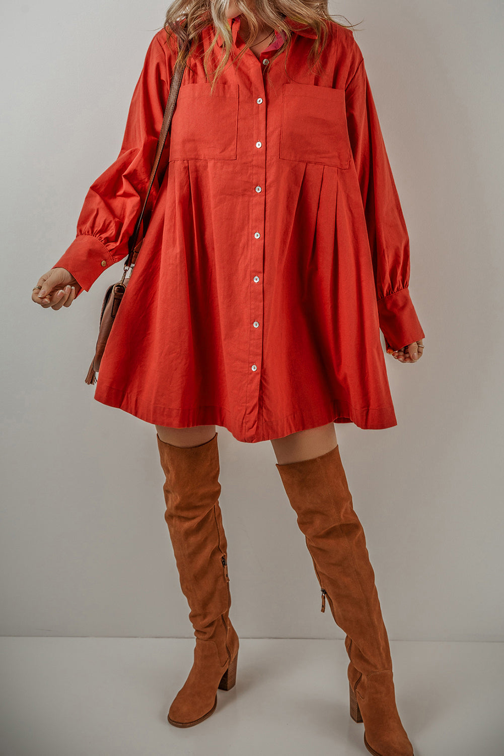 Women's Shirt Dress Featuring Bishop Sleeve Pleat-Detail Mini