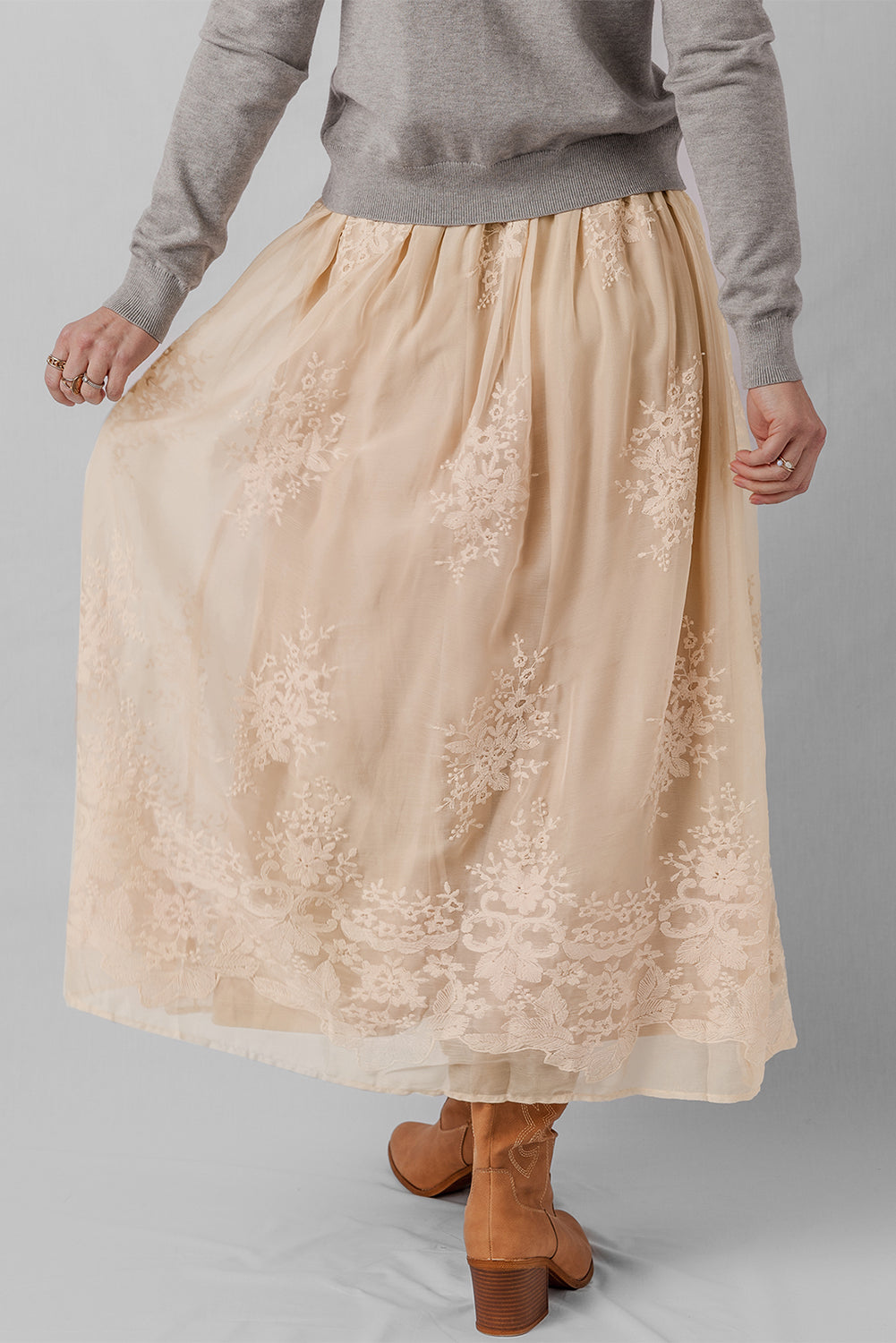 Overlay Embroidered Mesh Flowy Long Skirt in Oatmeal
