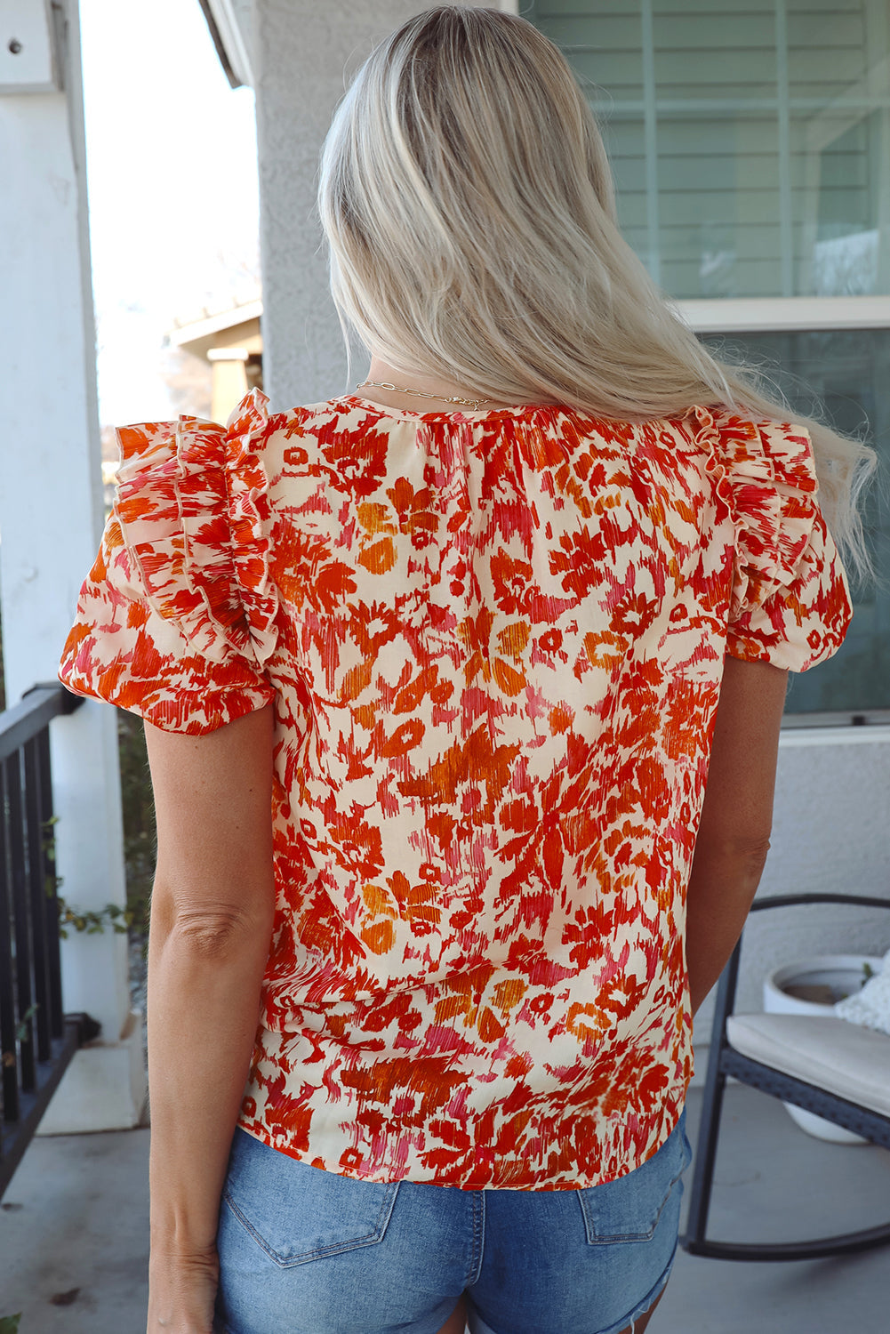 Orange Floral Print Ruffled Split Neck Blouse
