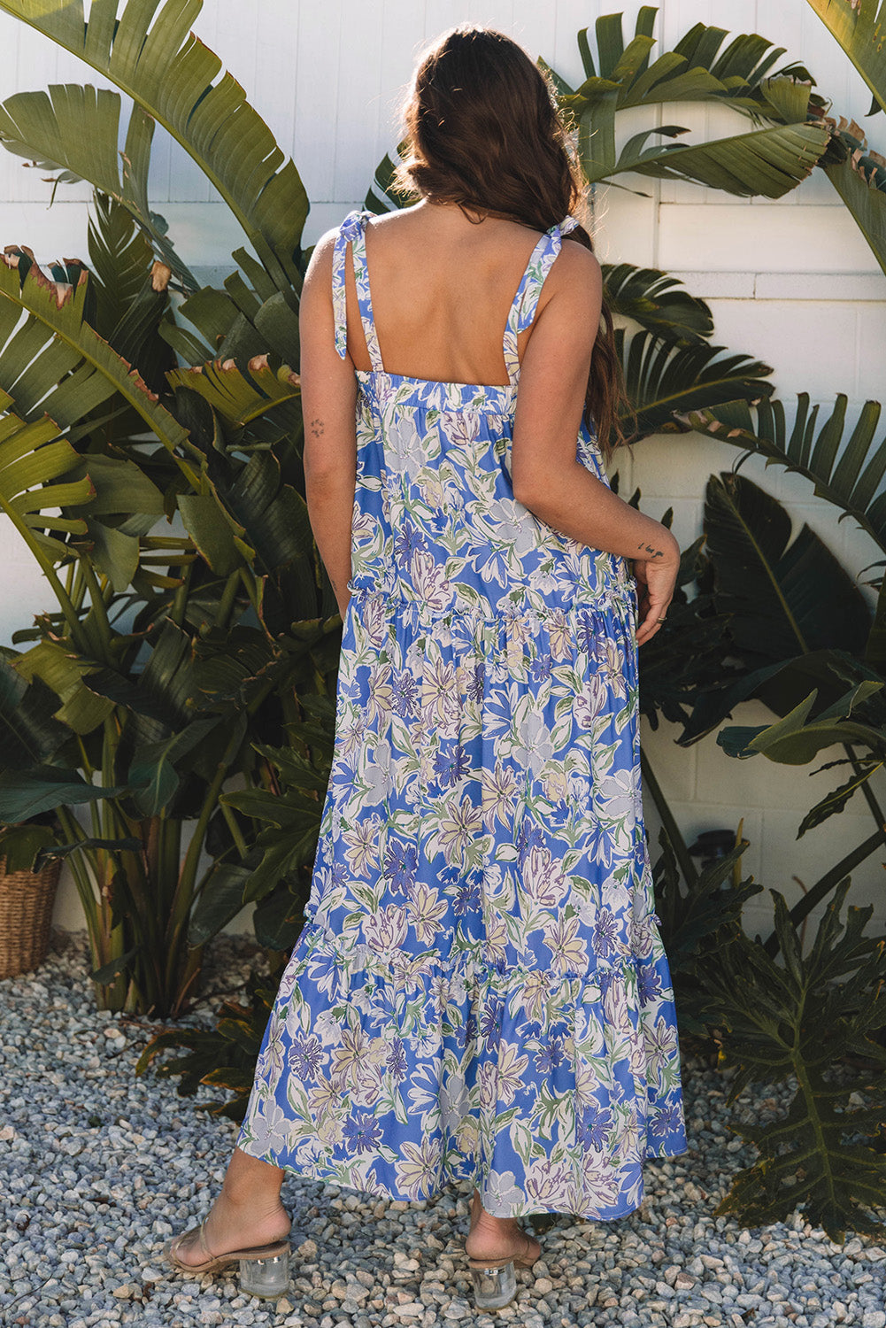 Floral Print Self-tie Straps Flowy Ruffle Long Dress