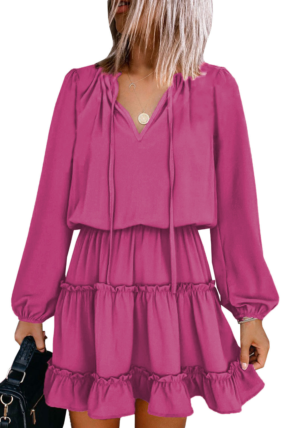 Mini Dress for Women Ruffle-Trimmed Layered V Neck