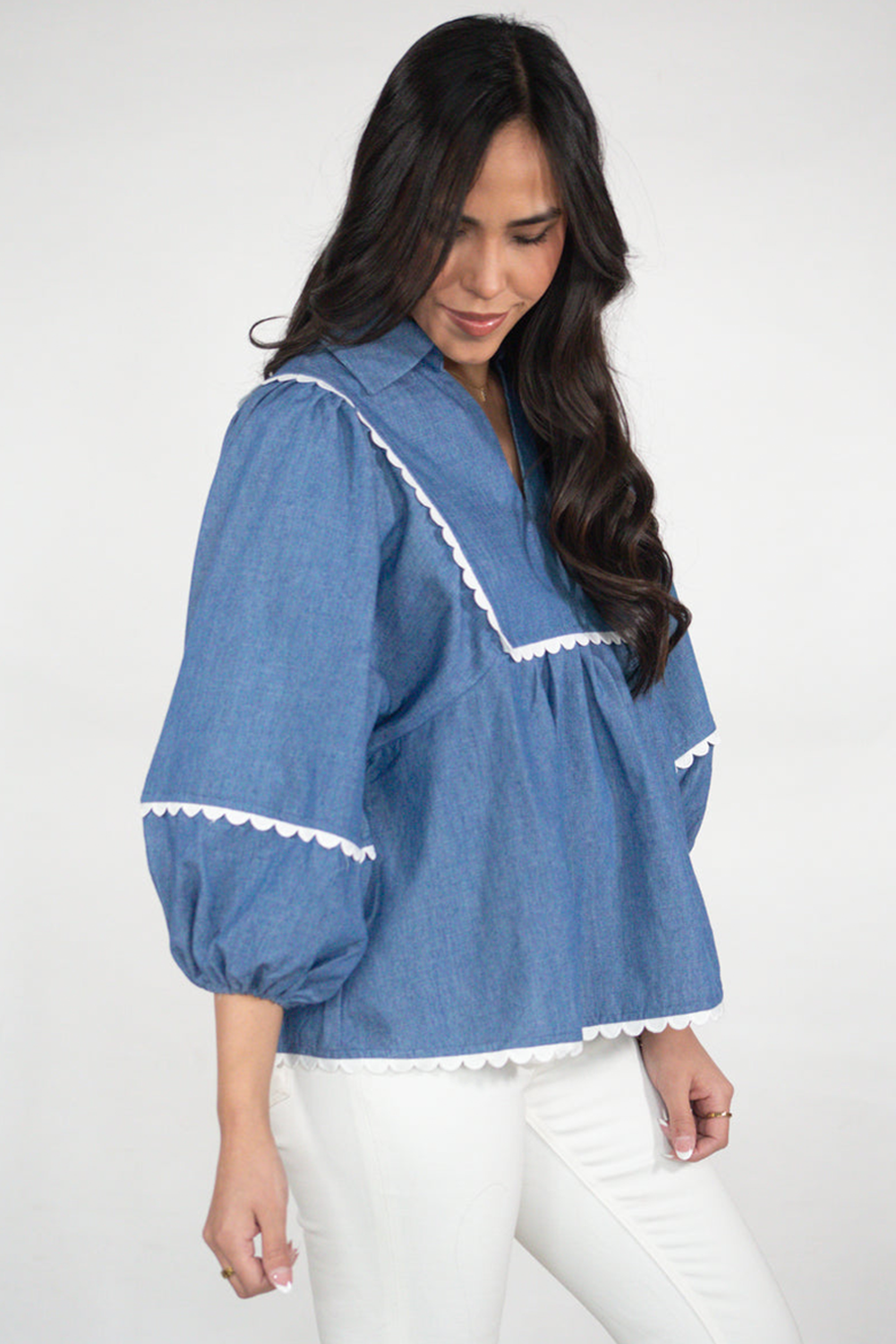 Ric Rac Lace Rac 3/4 Puff Sleeve Collared Babydoll Blouse