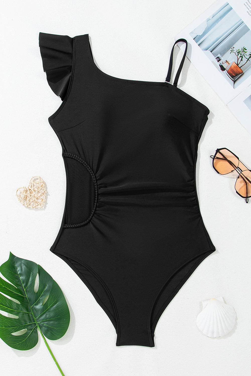 Asymmetric Ruffle Shoulder Pleated One Piece Swimsuit