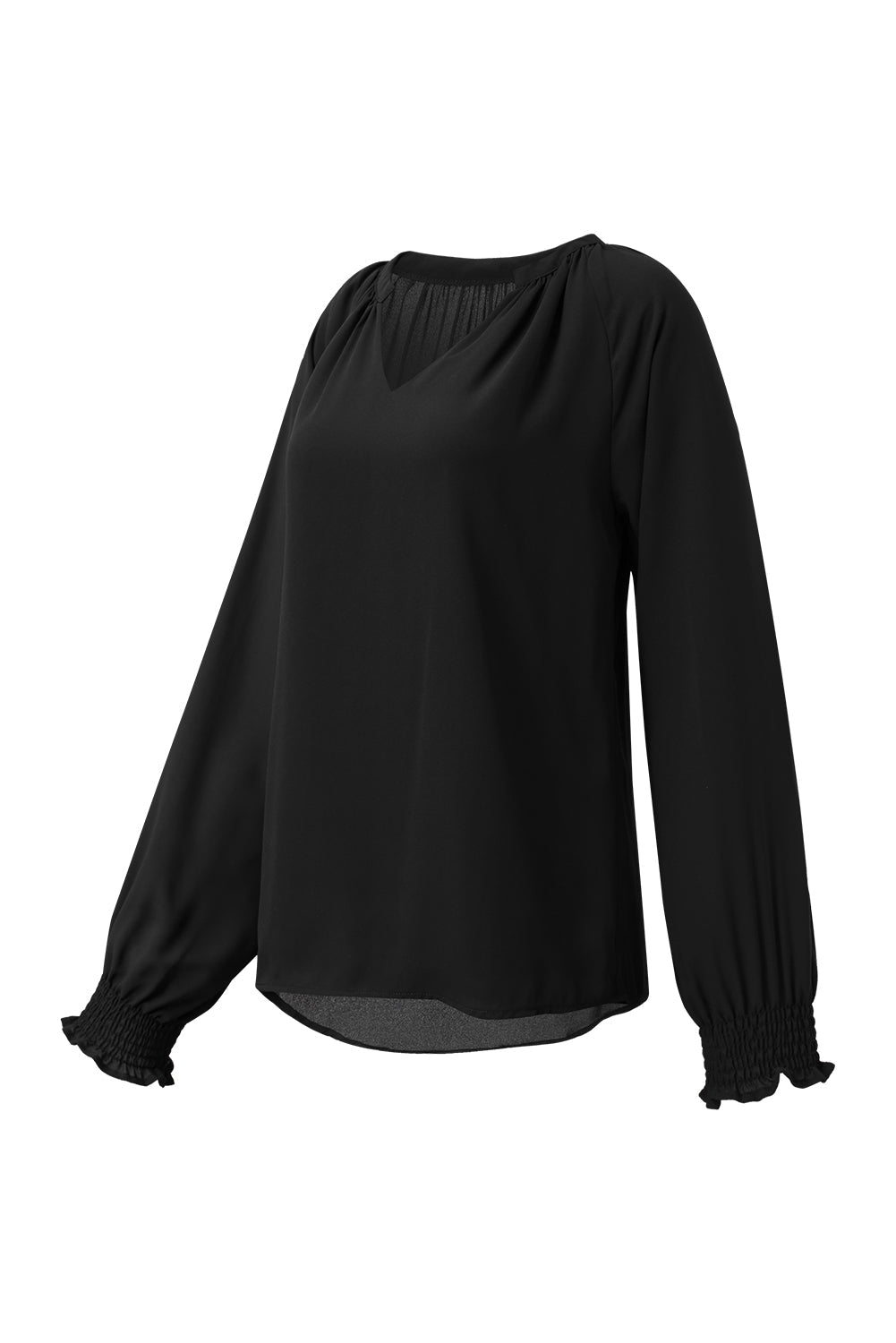 Women's Blouse with Pleat-Detail V Neck Puffy Sleeve