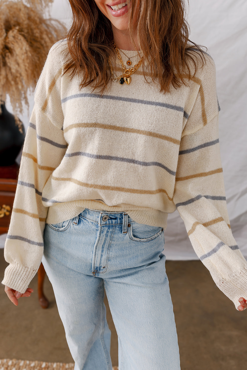 Striped Drop-Shoulder Rib-Knit Edge Knit Top in Multicolour