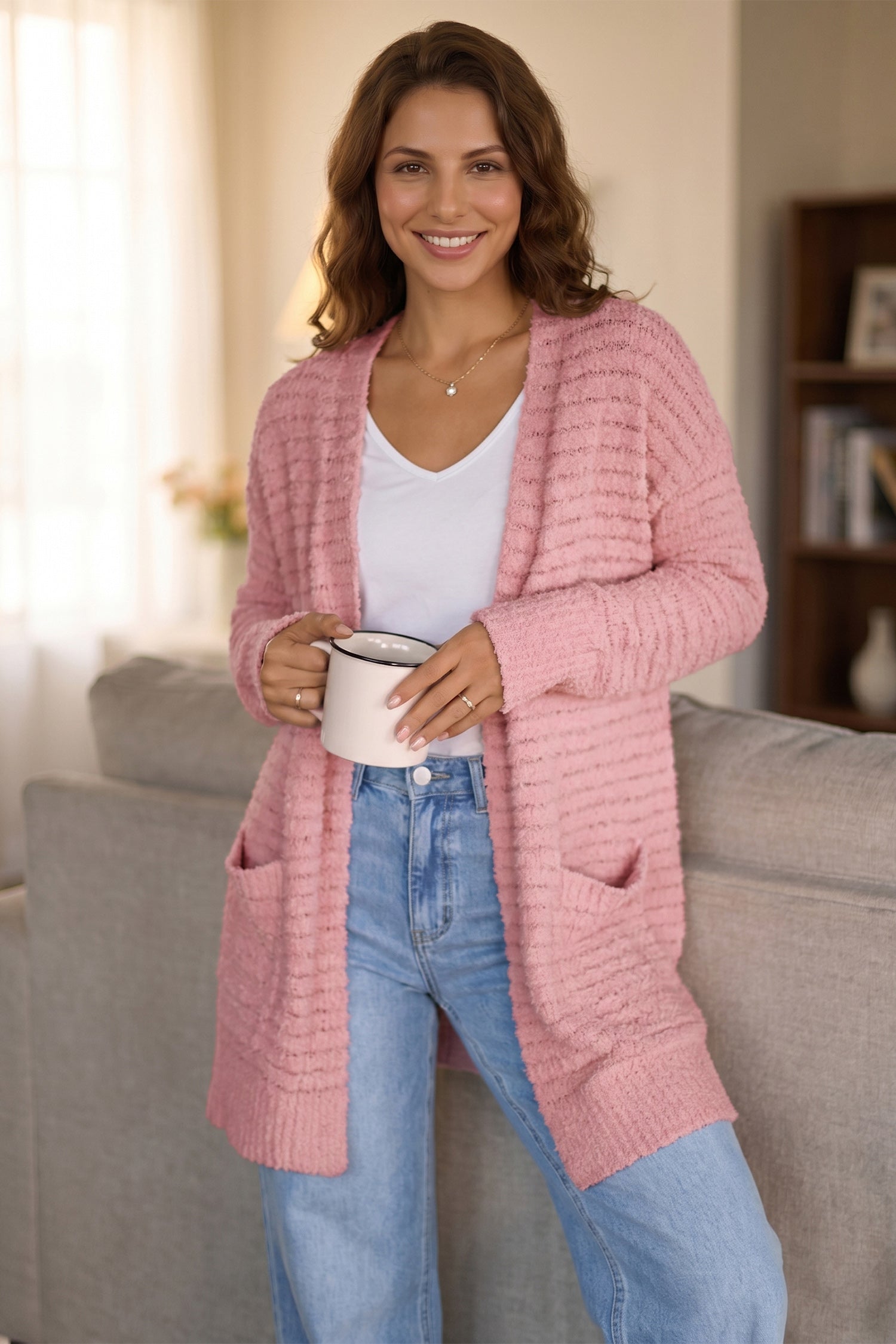 Open-Front Soft Fuzzy Rib-Knit Cardigan Knit Top in Light Pink