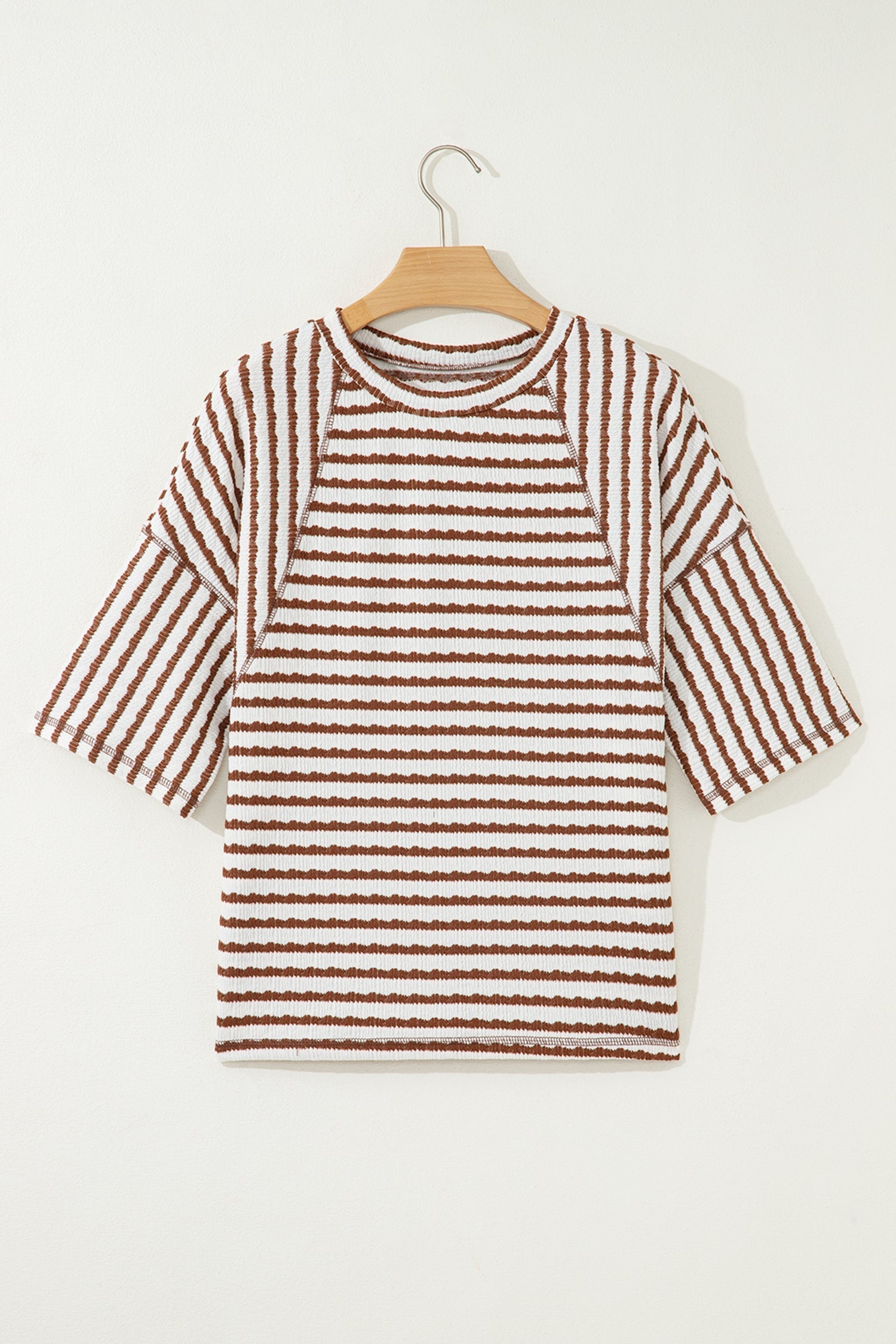 Stripe Textured Knit Split Hem Half Sleeve Loose Top in Brown