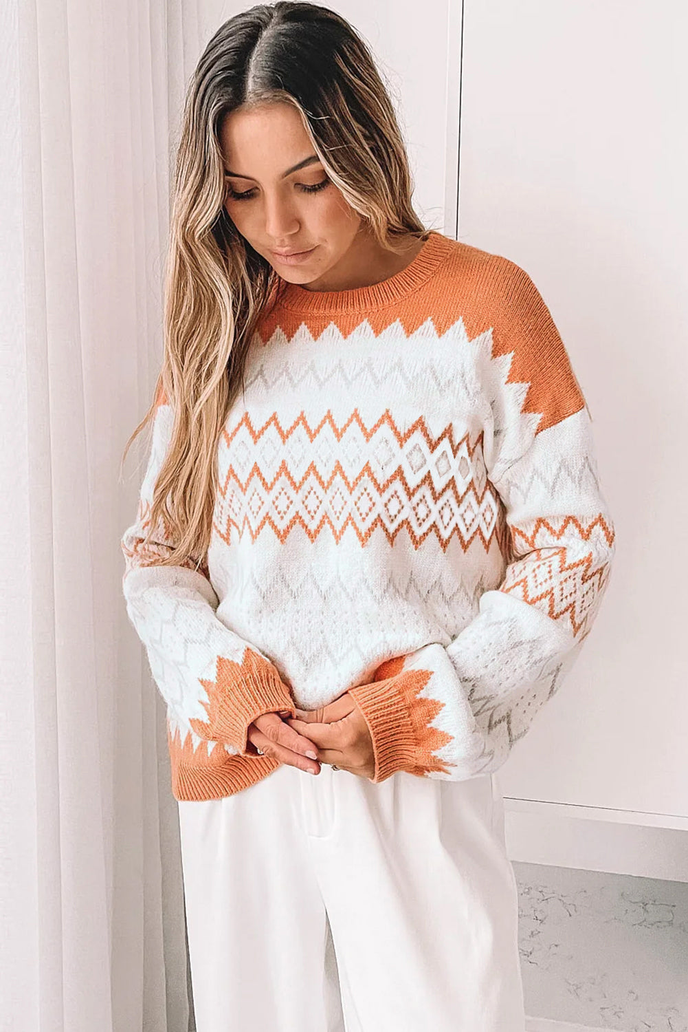 Zigzag Geometric Pattern Knit Pullover Knit Top