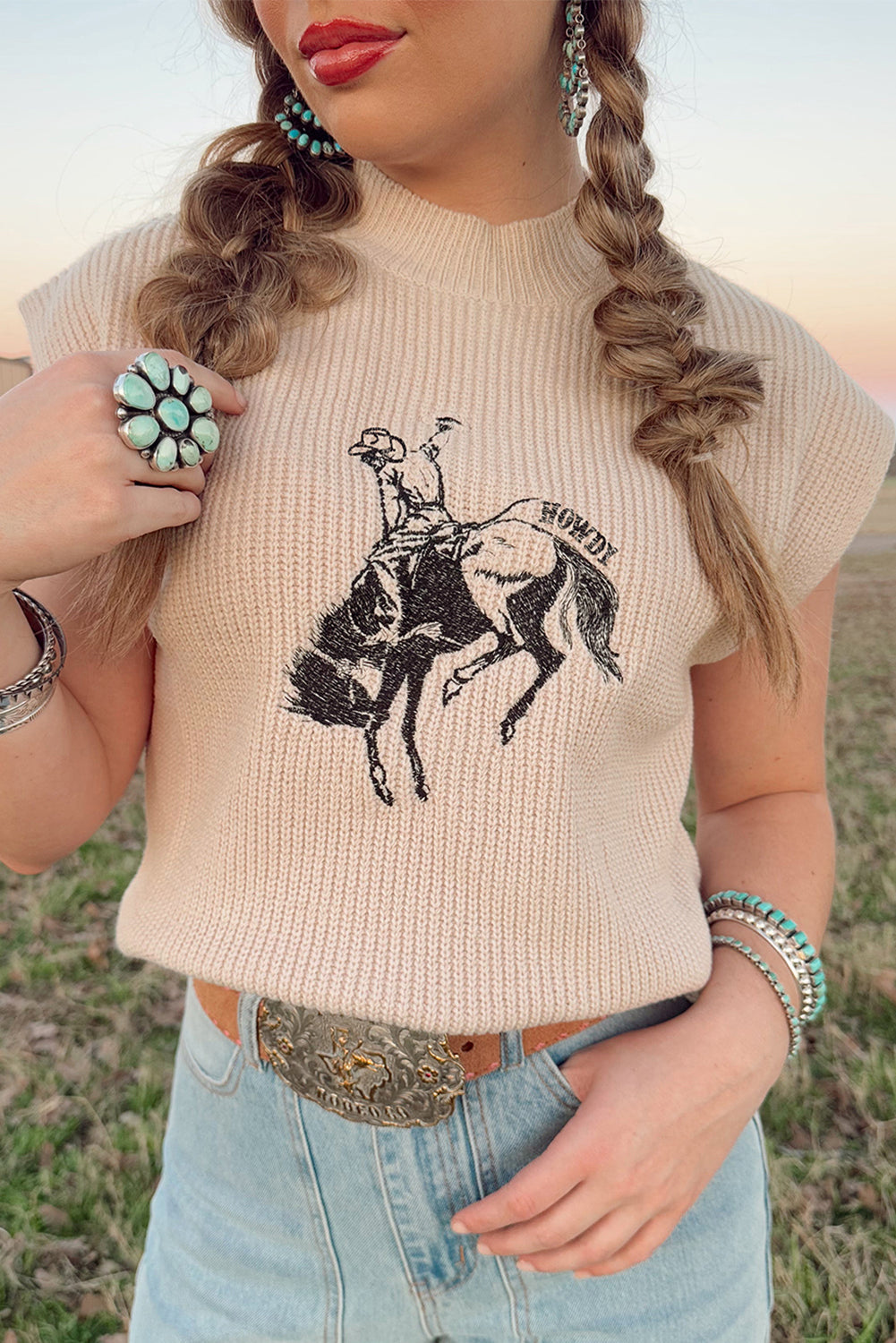 Cowboy HOWDY Rodeo Graphic High Neck Short-Sleeved Knit Top