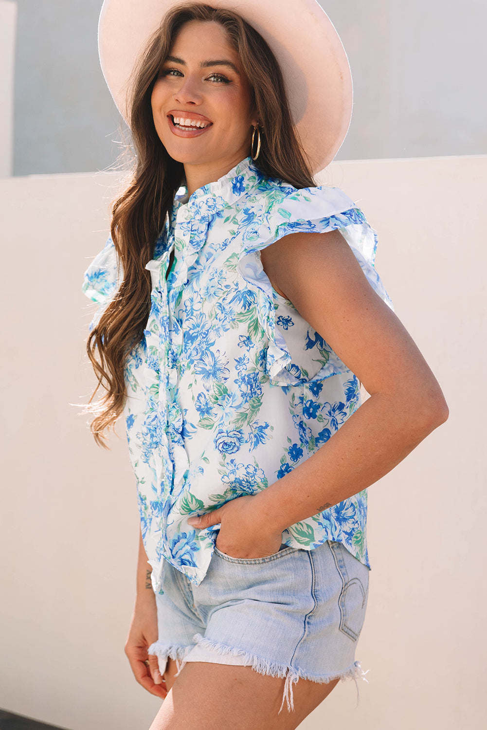 Blue Floral Print Ruffle Sleeve Frilly Button Up Shirt