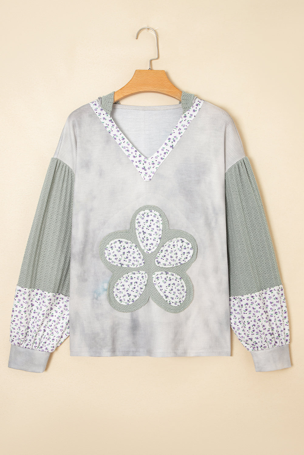Floral Patched Waffle Textured Colorblock V-Neck Everyday Hooded Top