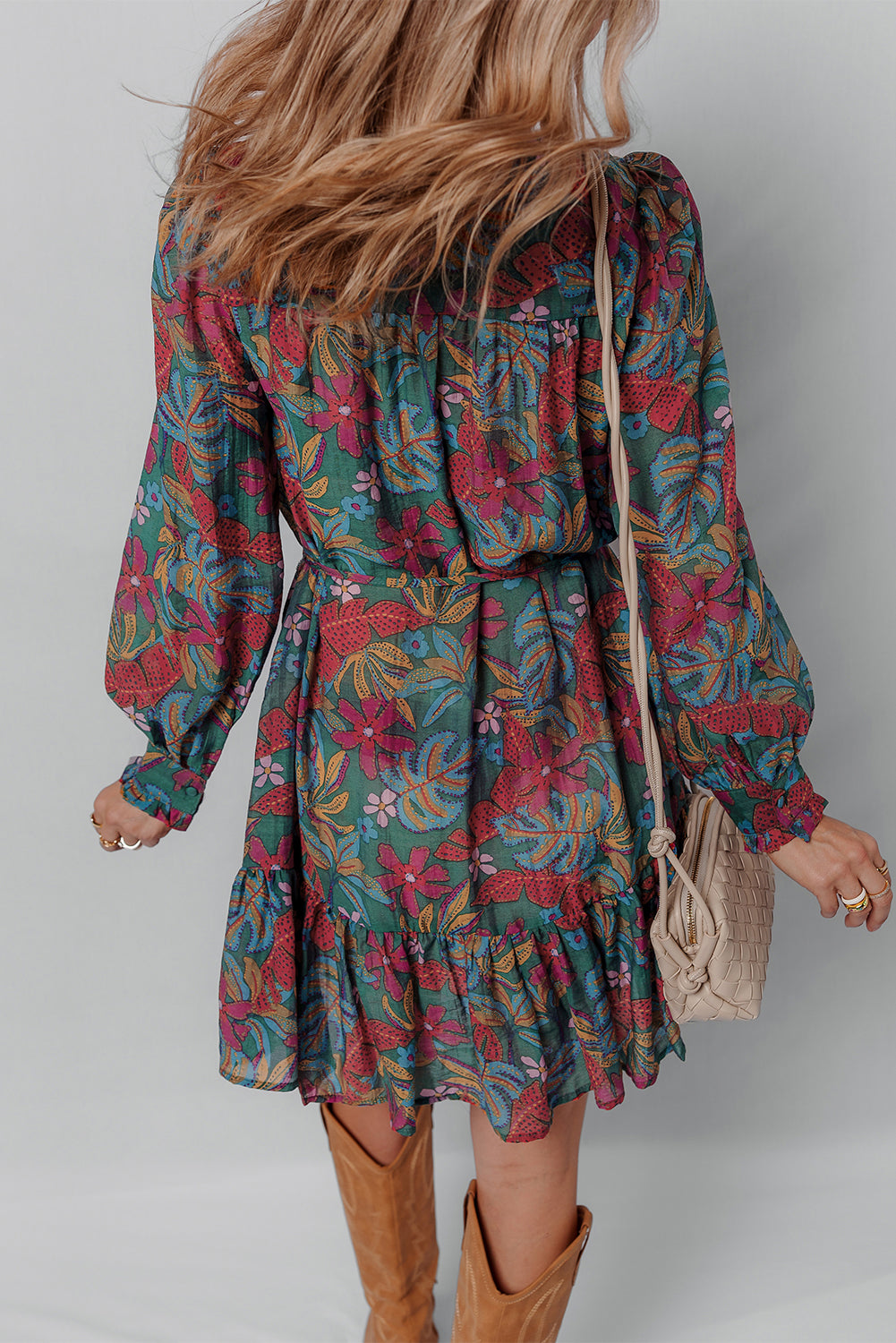 V-Neck Floral Friled Puff Sleeve Ruffled Shirt Dress