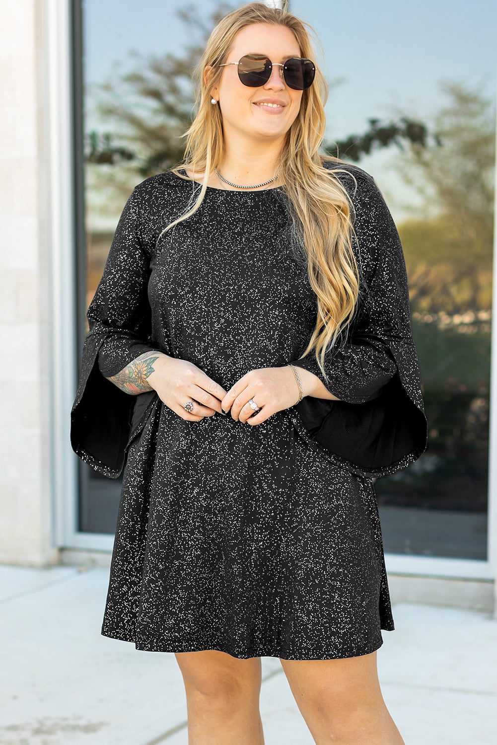 Plus Size Glitter Metallic Bell Sleeve Round Neck Mini Dress
