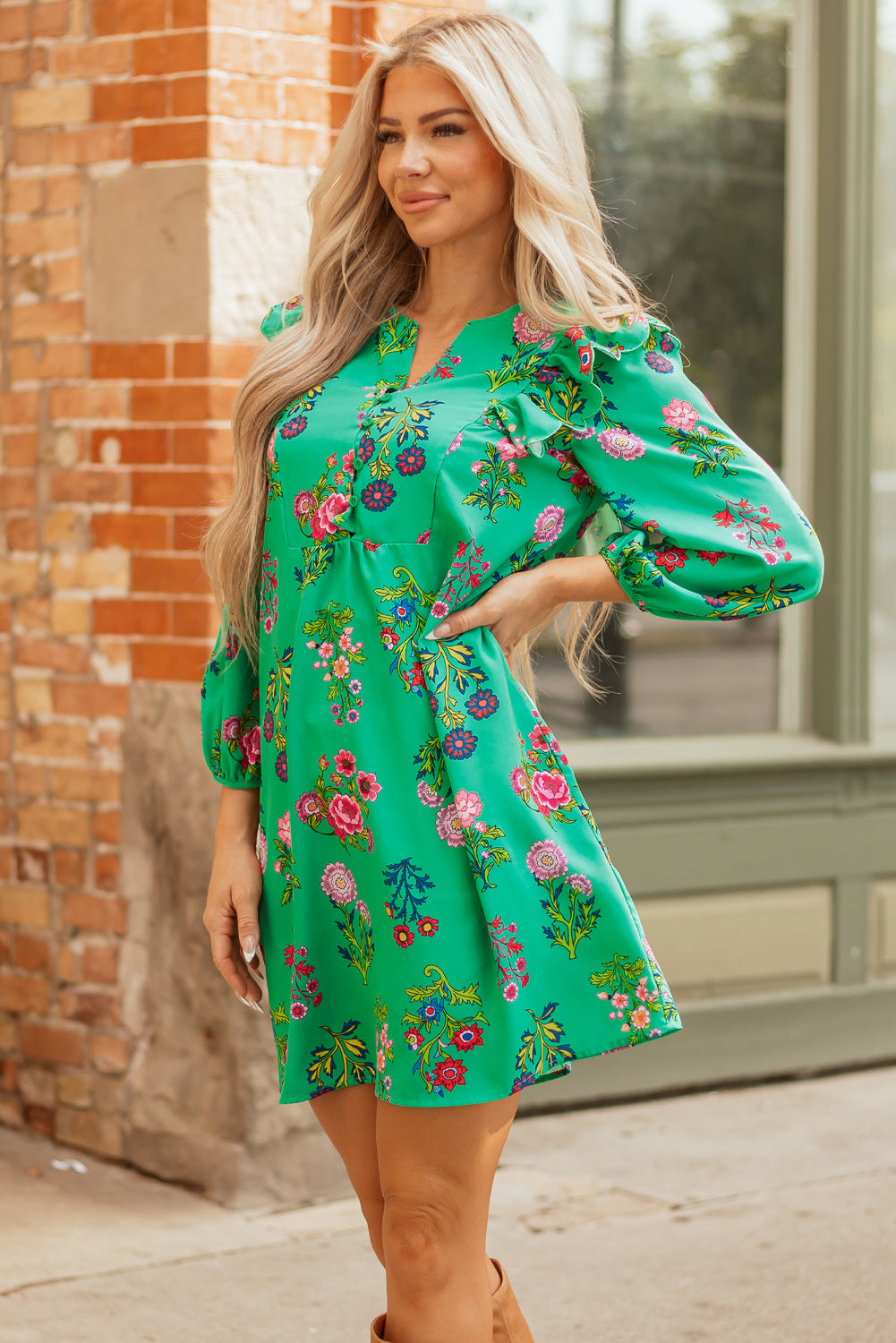 Floral Ruffled Three Quarter Sleeve Button-Front Mini Dress