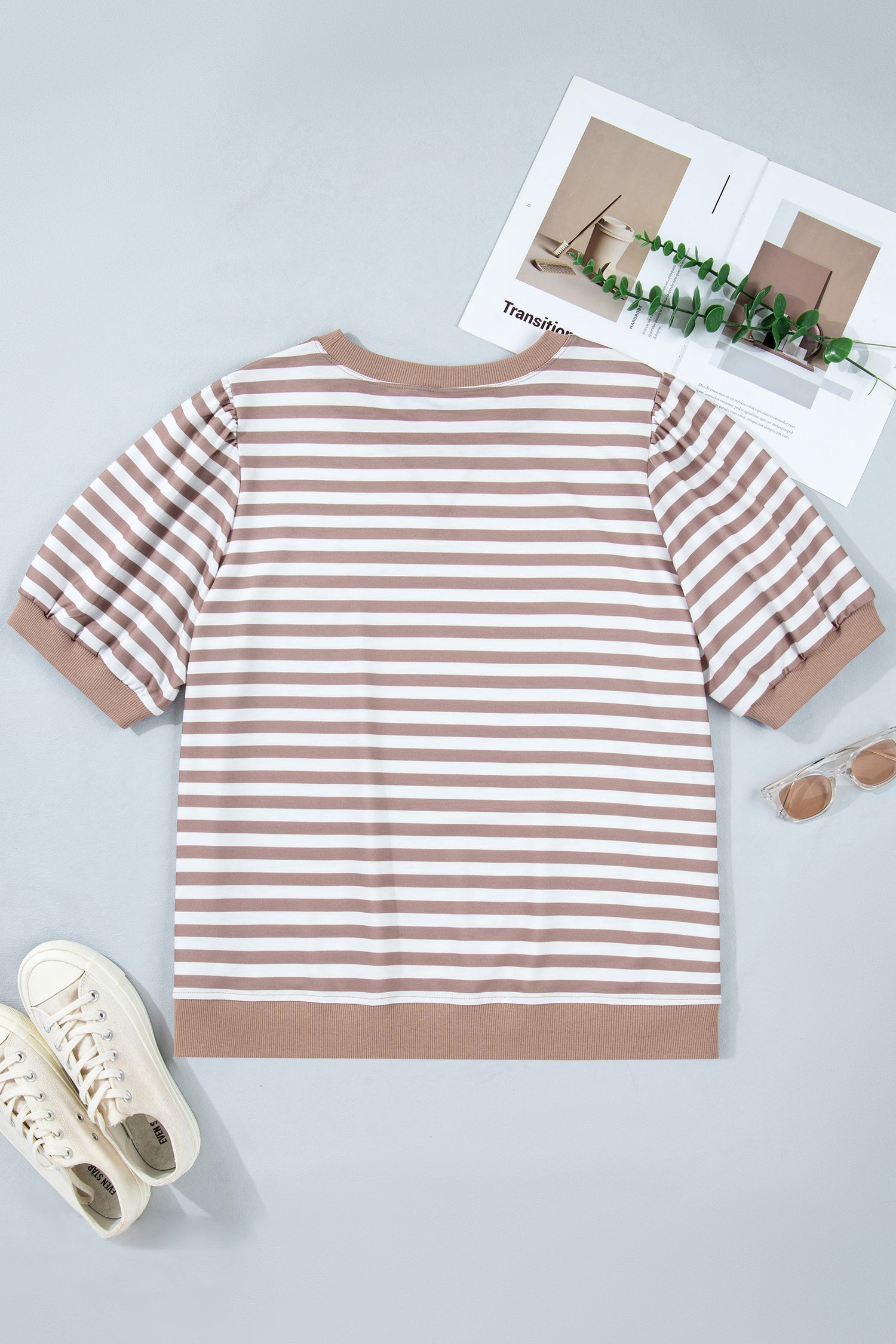 Stripe Round-Neck Rib-Knit Trim Short Puff Sleeve Plus T Shirt in Orange