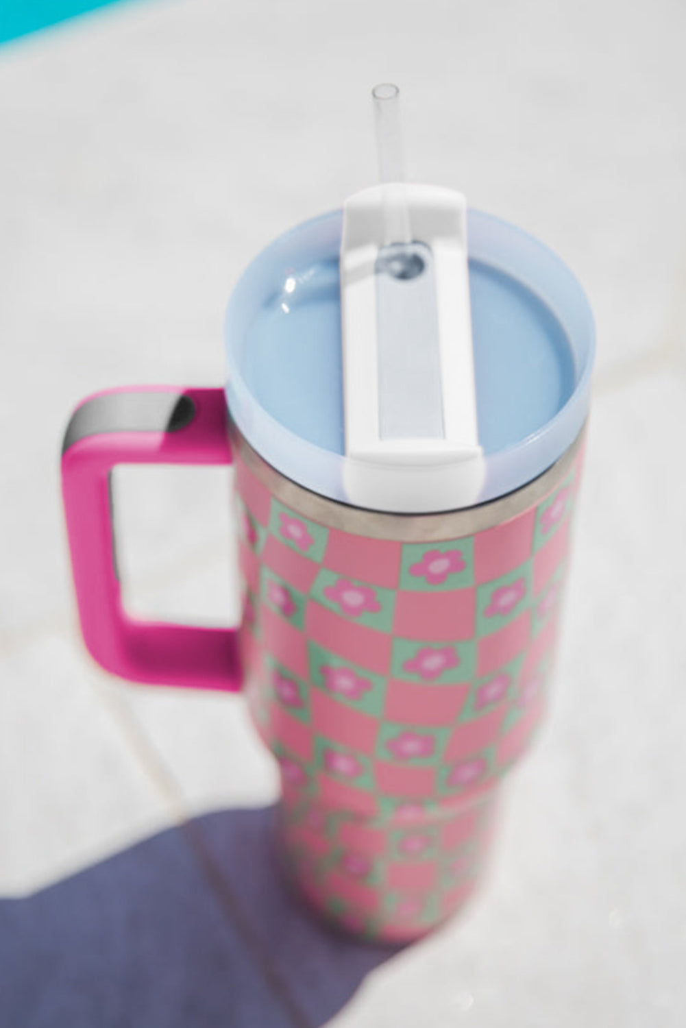 Flower Checkered Pattern Cup with Straw 40oz