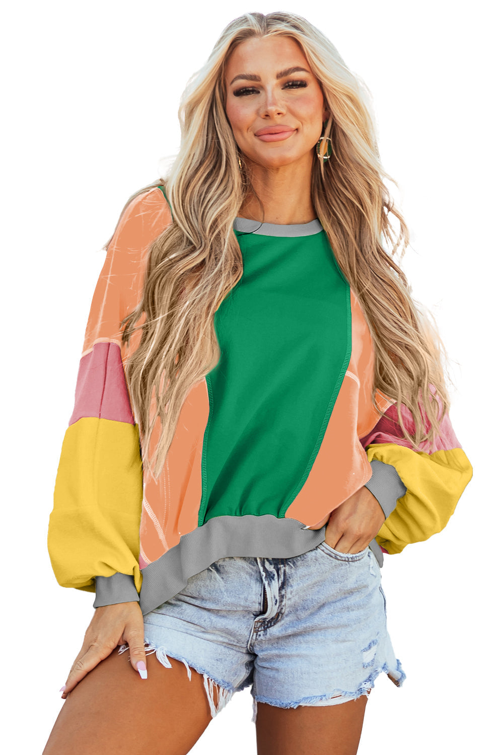 Colorblock Patchwork Exposed Stitching Oversize Top