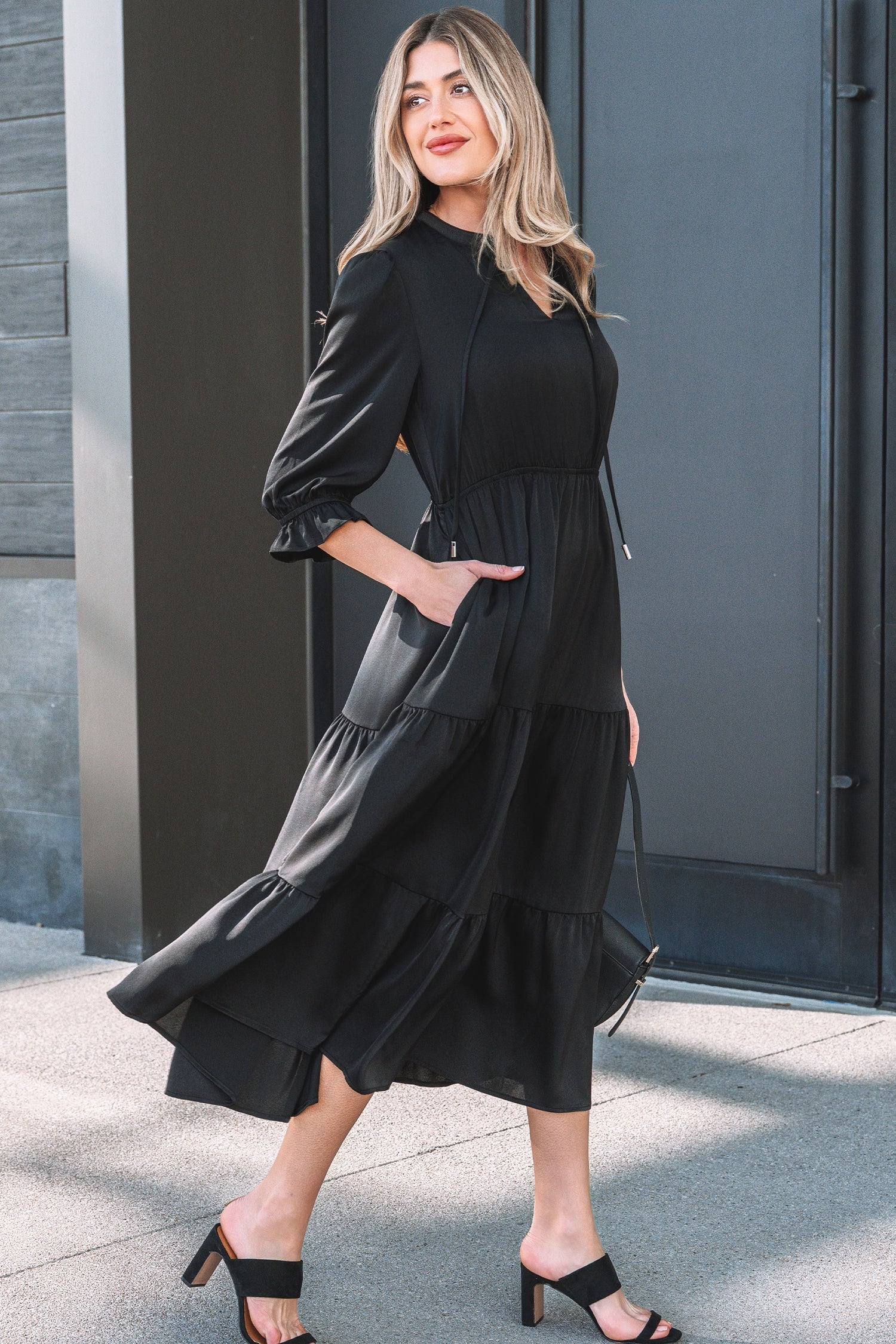 Sleeve Flounced Bracelet V-Neck Tiered Maxi Dress