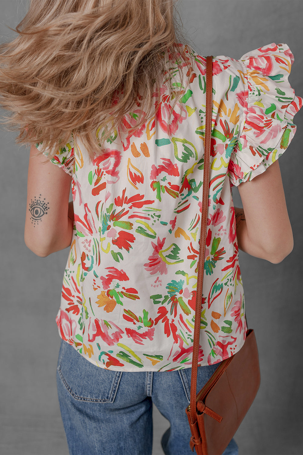 Allover Flutter Floral Printed Sleeve Split Neck Blouse