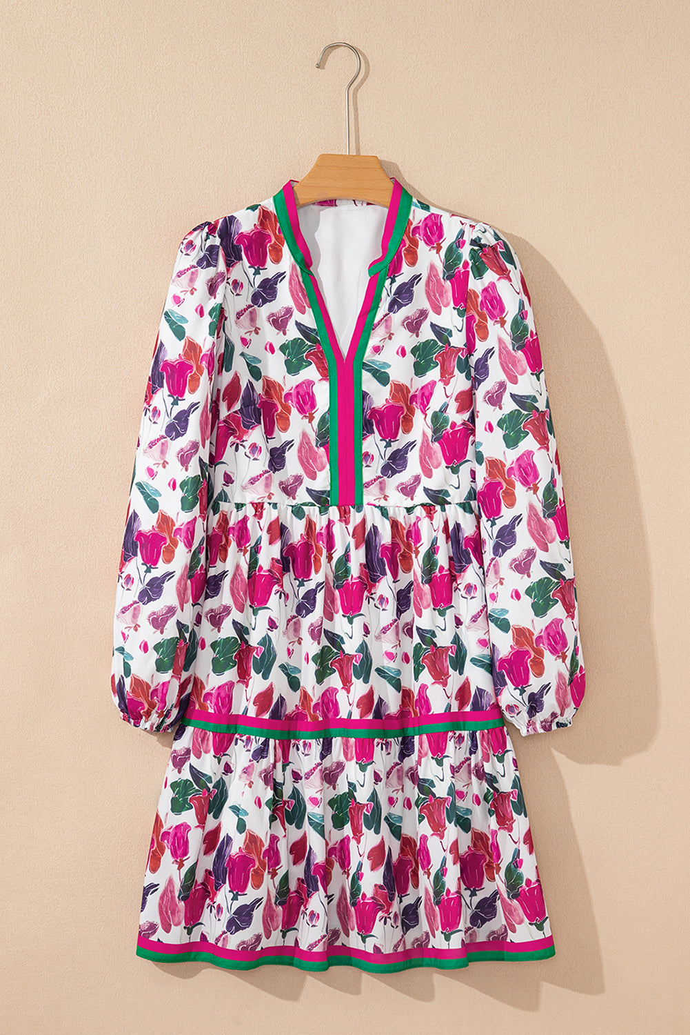 Floral-Print Contrast Striped Detail Long-Sleeved Mini Dress