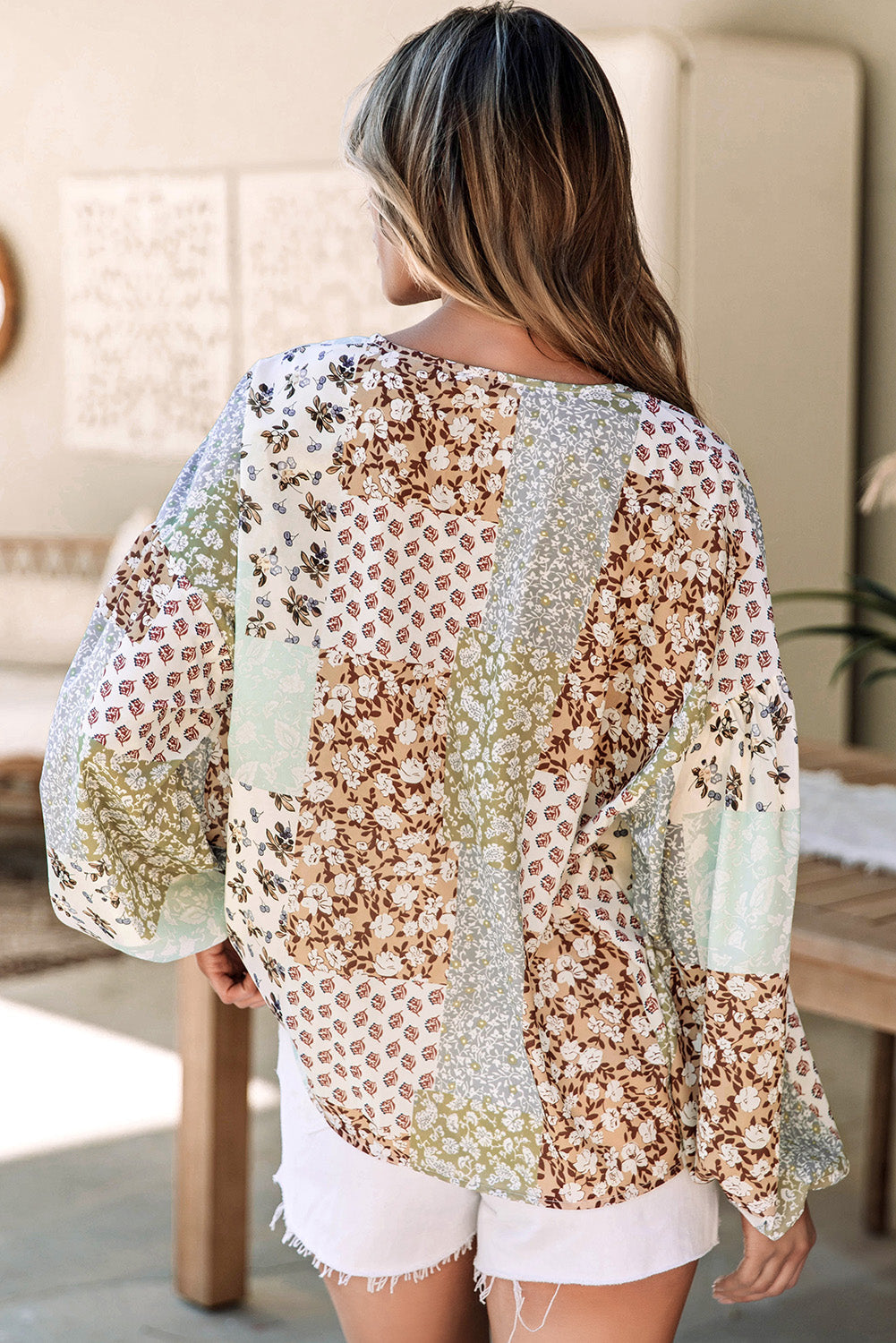 Floral Long Patchwork Print Puff Sleeve Shirt
