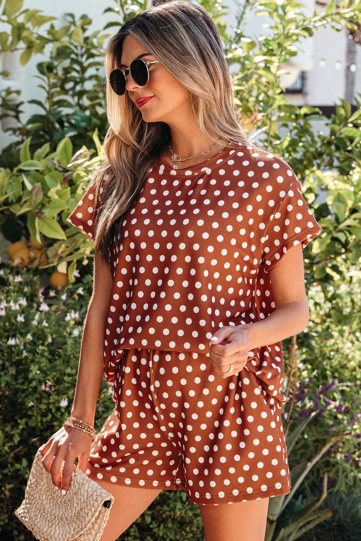 Polka-Dot Print Short Set in Brown