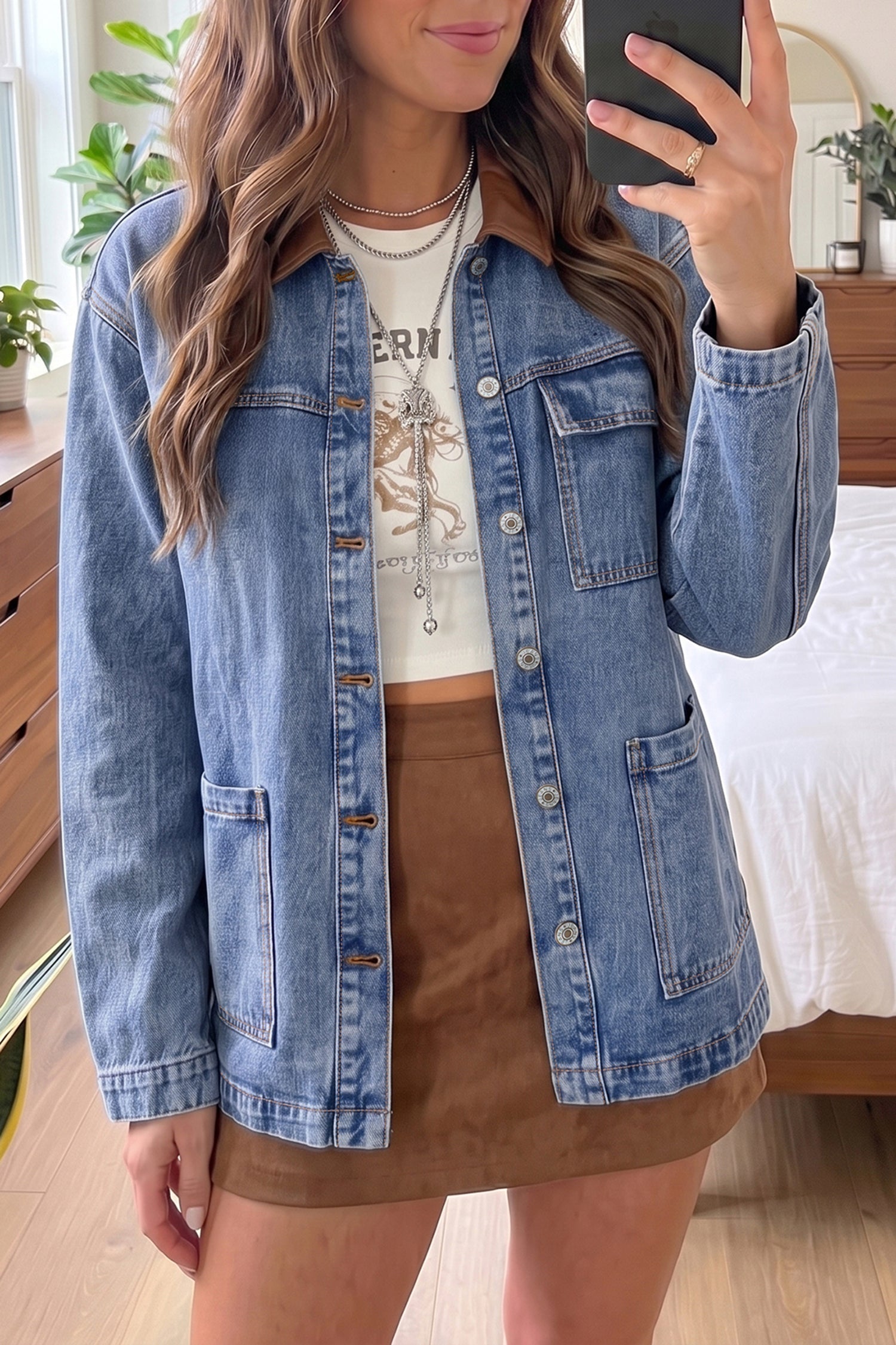 Patchwork Leather Collar Long-Sleeved Denim Jacket in Sky Blue