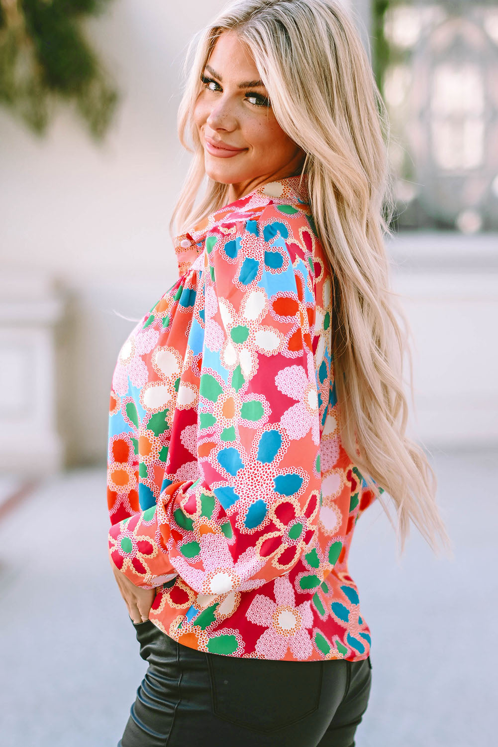 Women's Shirt with Floral-Print Print Bubble Sleeve