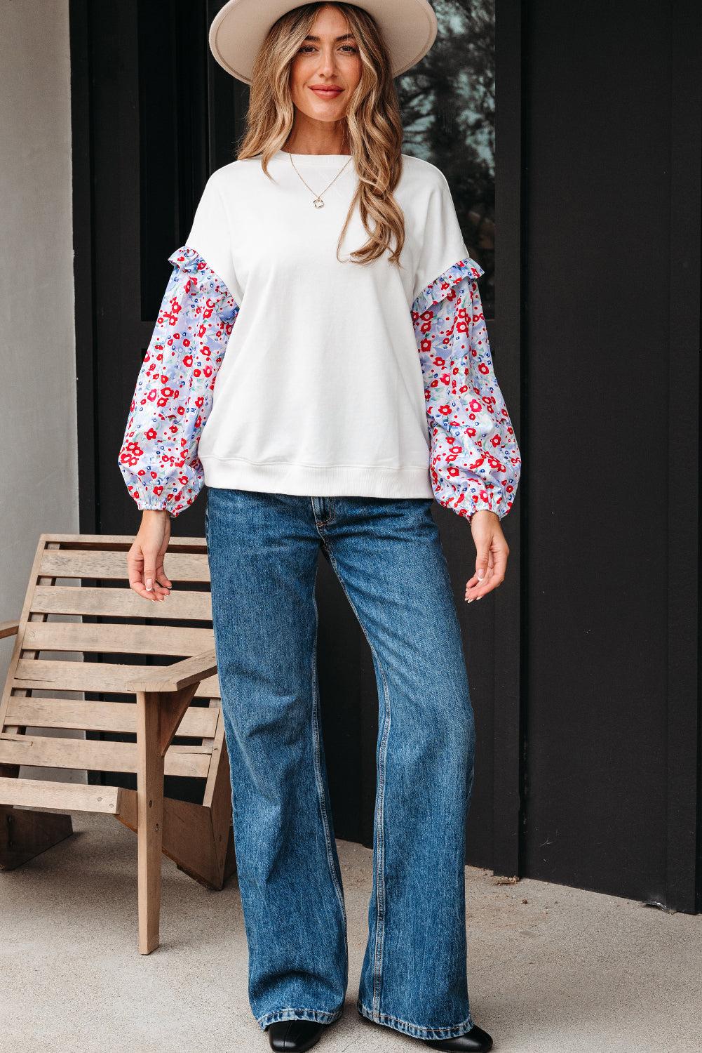 Ruffled Balloon Floral Balloon Sleeve Patchwork Loose Blouse