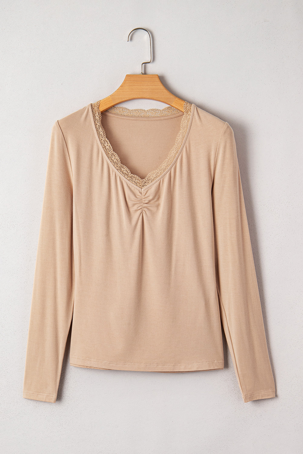 Neckline Lace-trimmed Sweetheart Ruched Detail Long-Sleeved T-shirt