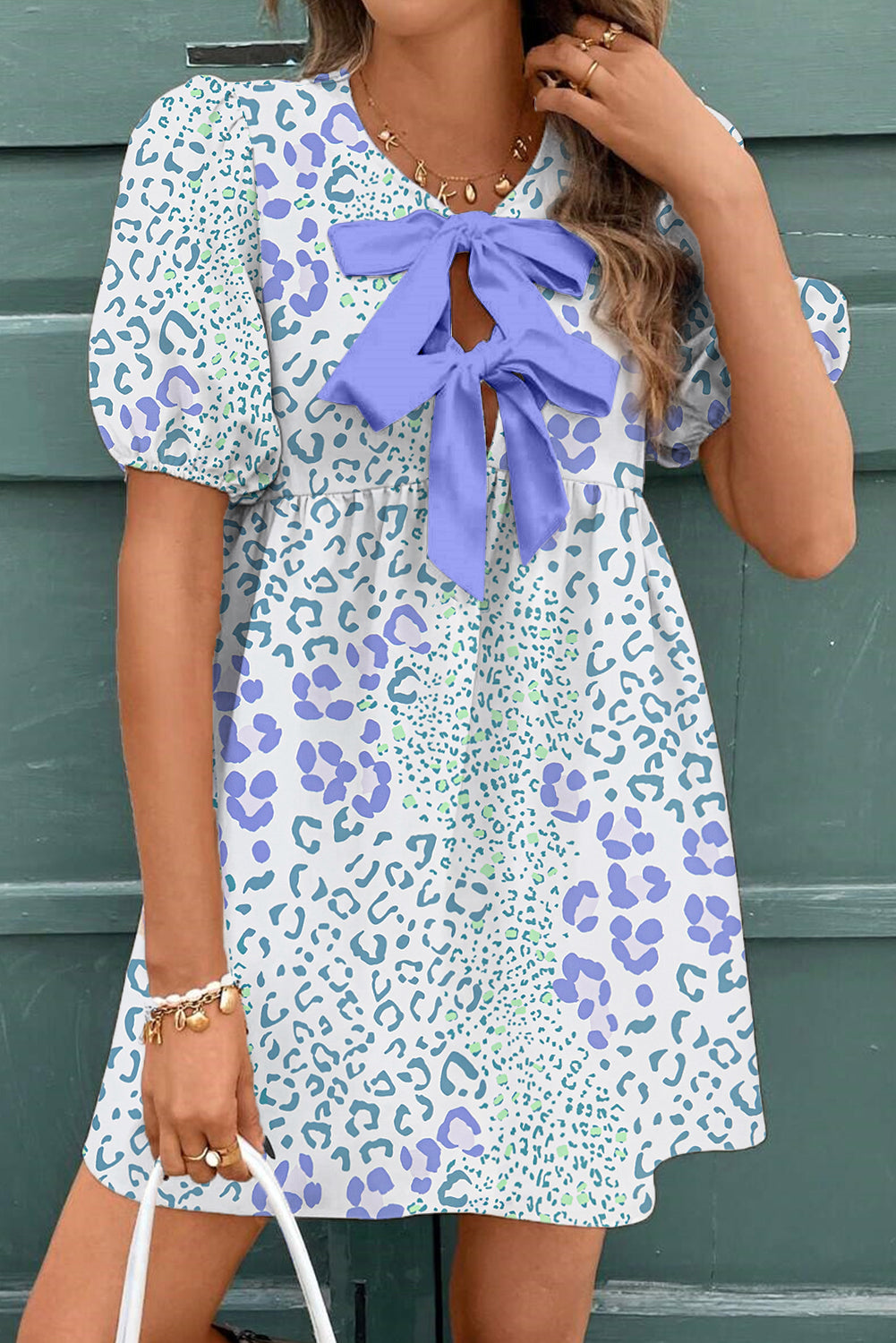 Bow Leopard Contrast Puff Sleeve Mini Dress