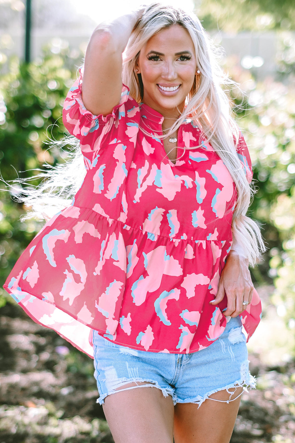 Women's Blouse with Shirred Balloon Sleeve V Neck