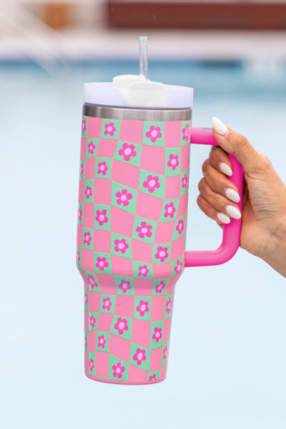 Flower Checkered Pattern Cup with Straw 40oz