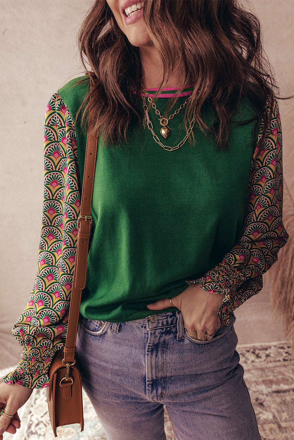 Floral Cuff Patchwork Shirred Puff Sleeve Knit Top