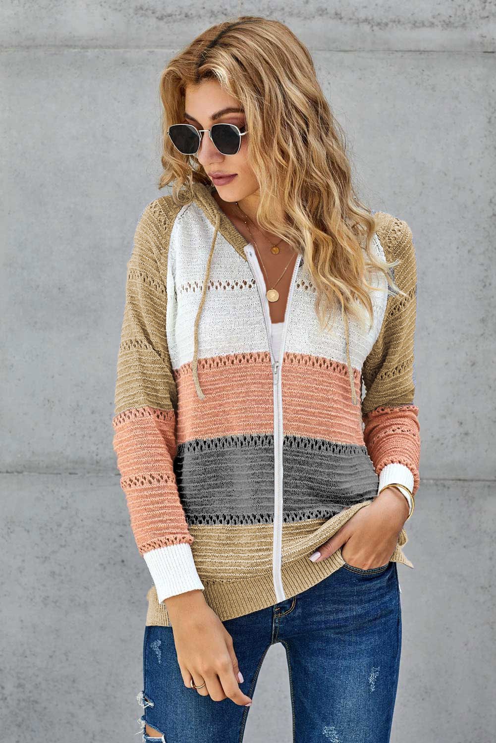Women's Womens Multicolor Zipped Front Color-Block Hollow-out Knitted Hoodie