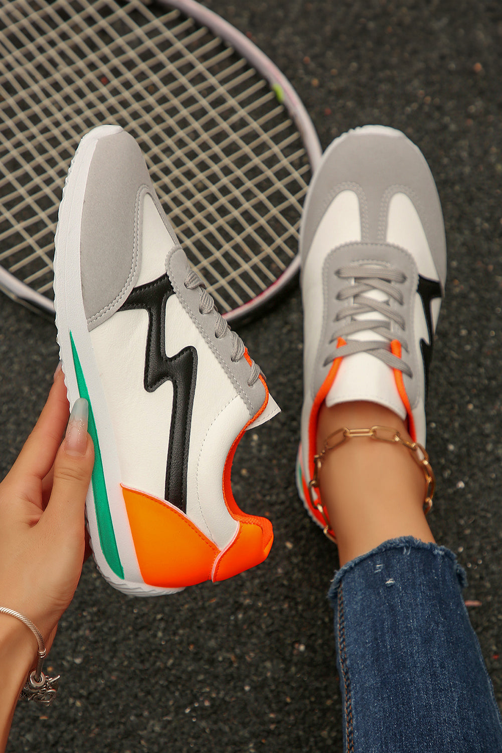 Leather Colorblock PU Colorblock Patchwork Lace Up Sneakers