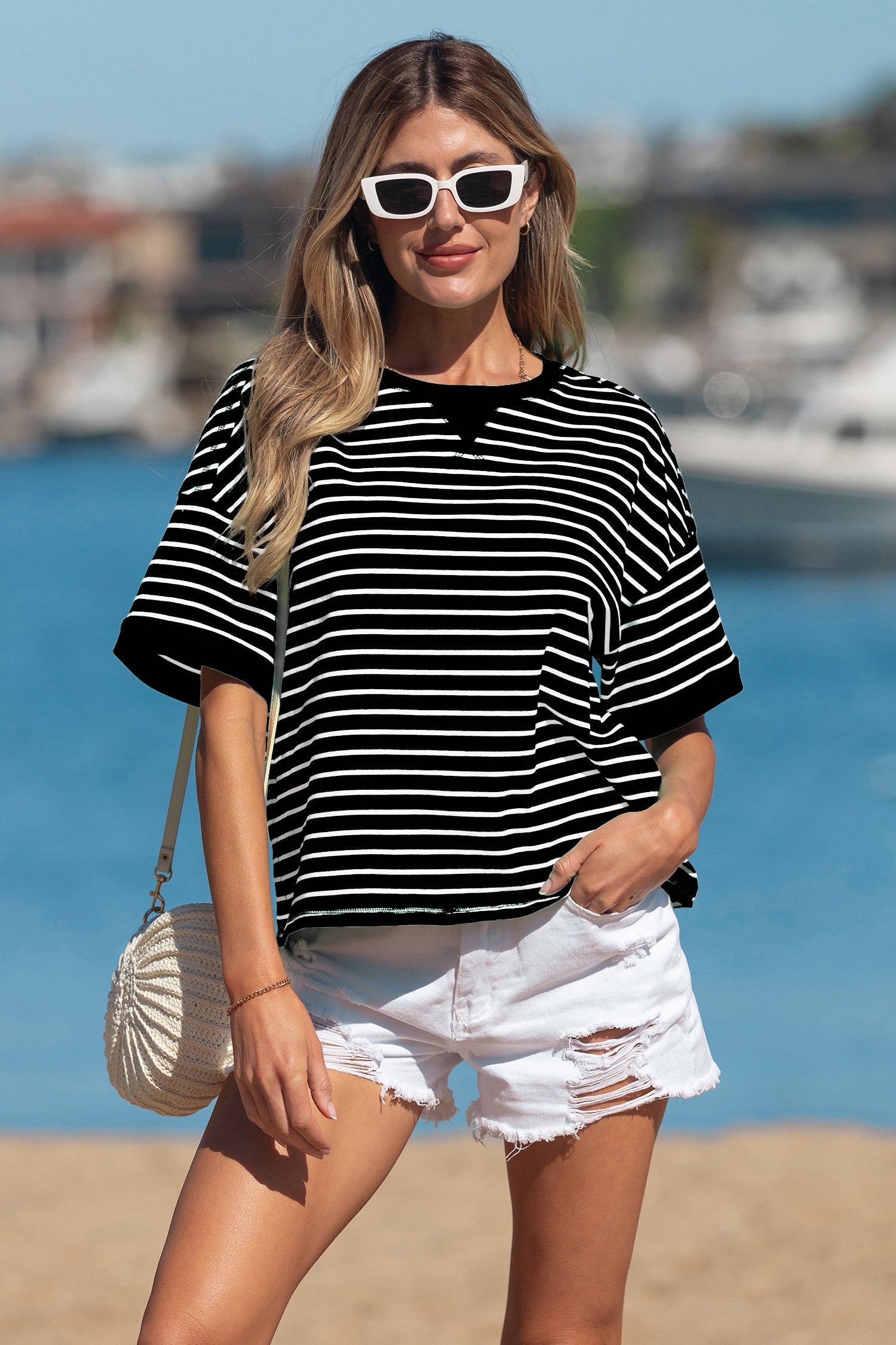 Black Stripe Everyday Stripe Rib-Knit Patchwork Seam Detail Half Sleeve Tee