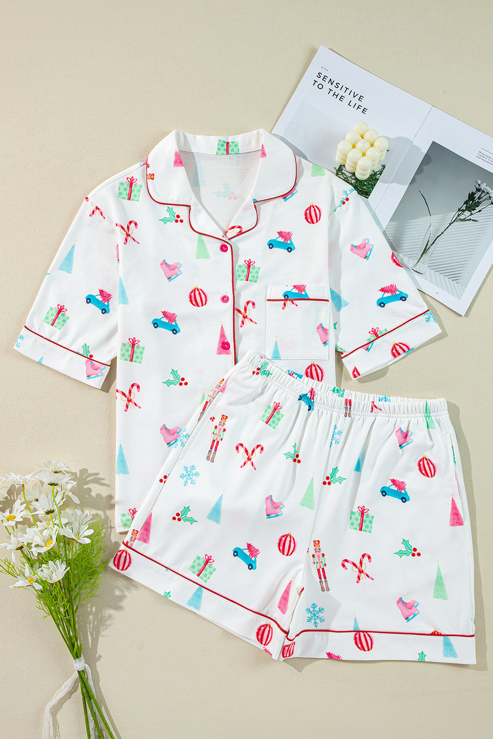 Christmas Print Short-Sleeved Shirt and Shorts Pajama Set