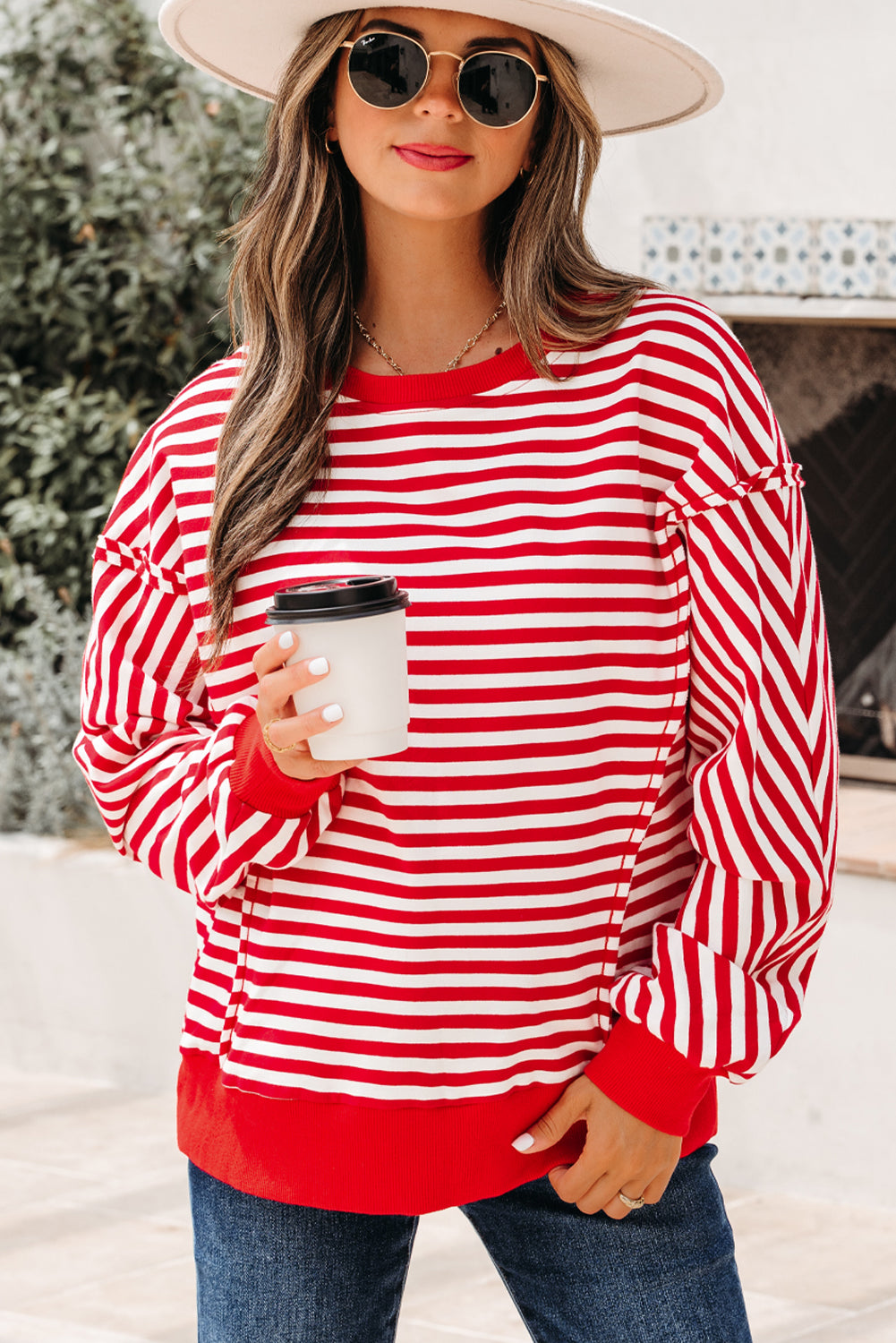 Exposed Seam Stripe Seam Cotton Everyday Pullover Top in Red