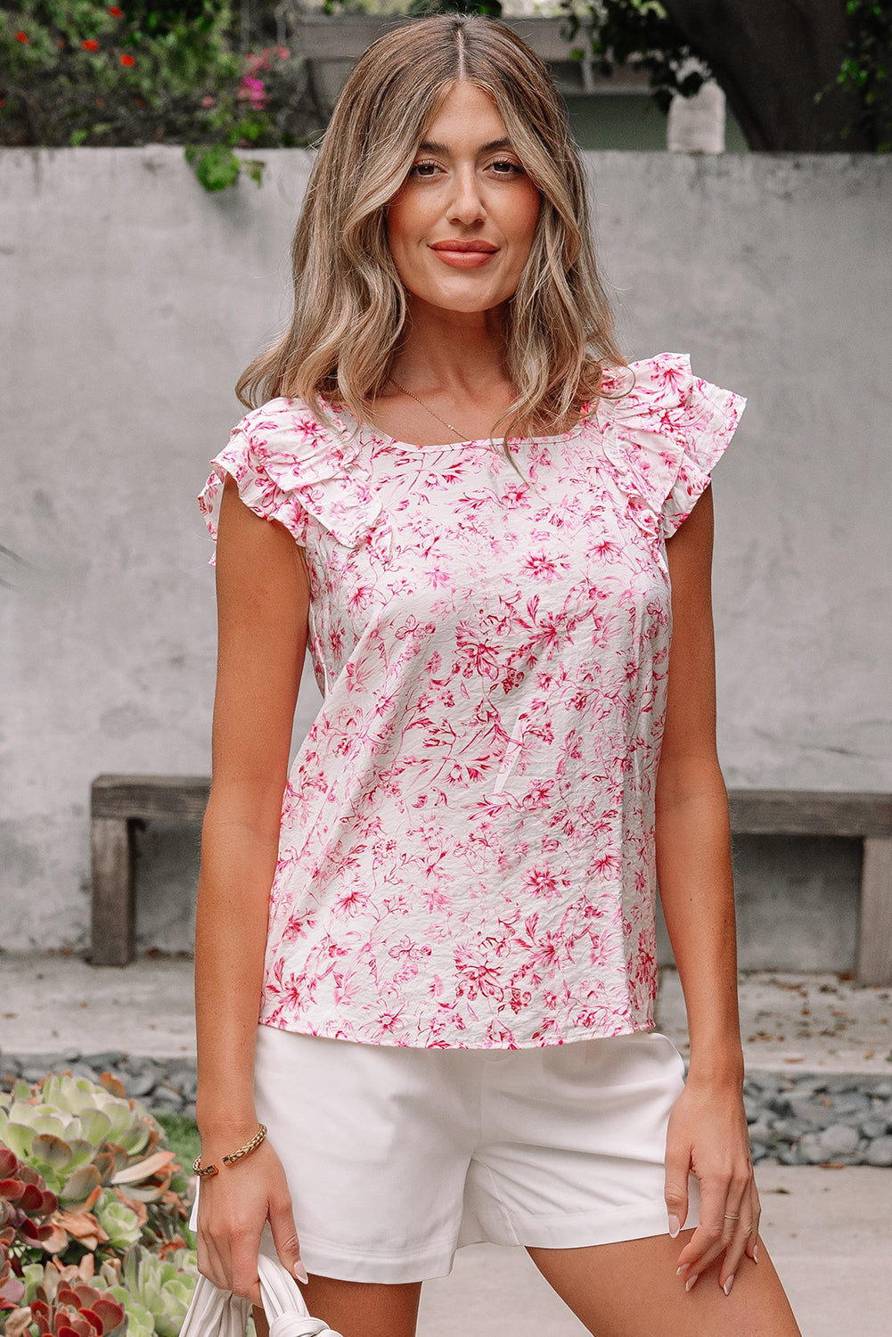 Short-Sleeved Floral Ruffled Bow Back Square Neck Blouse