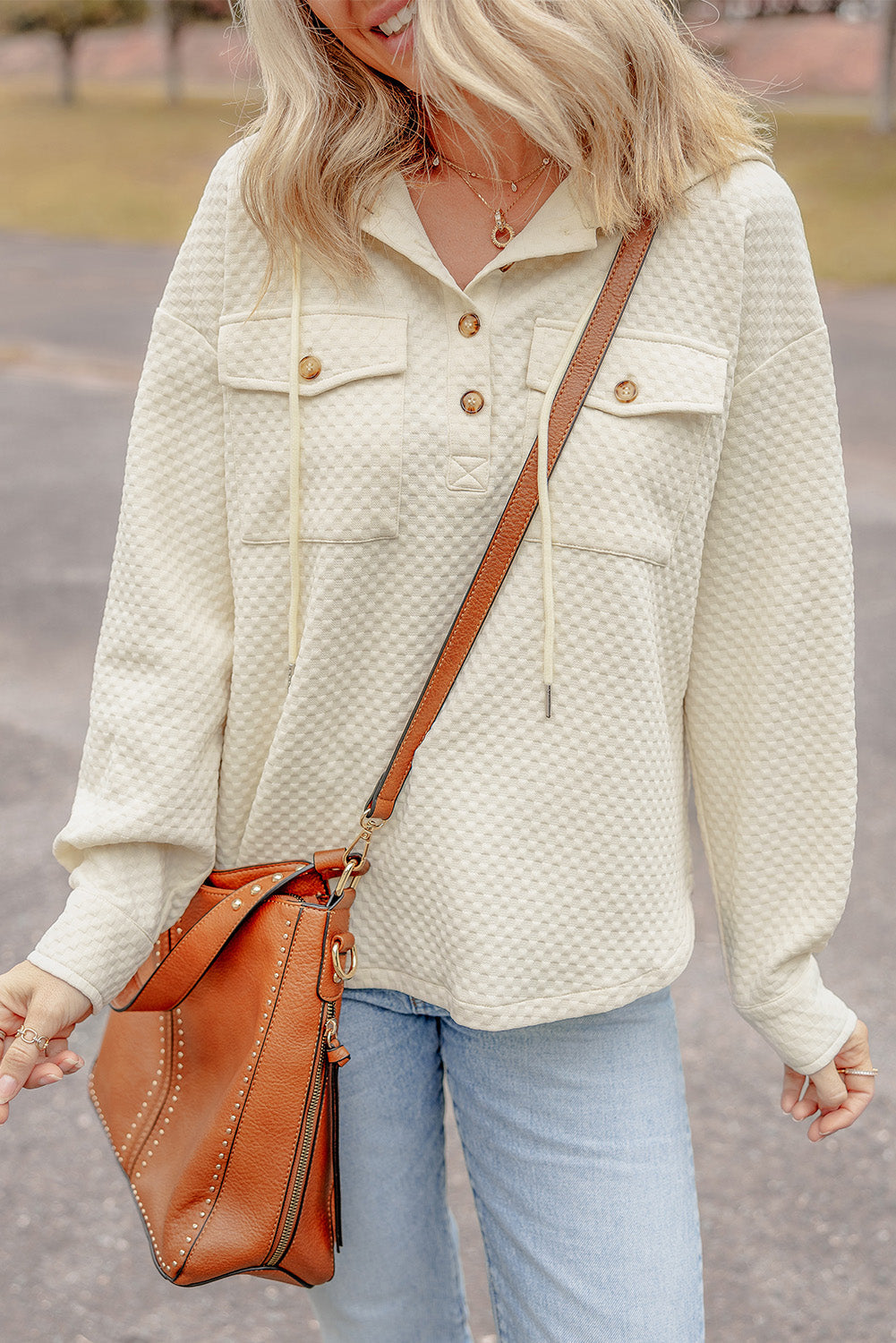 Textured Buttoned Neckline Side Pockets Hoodie