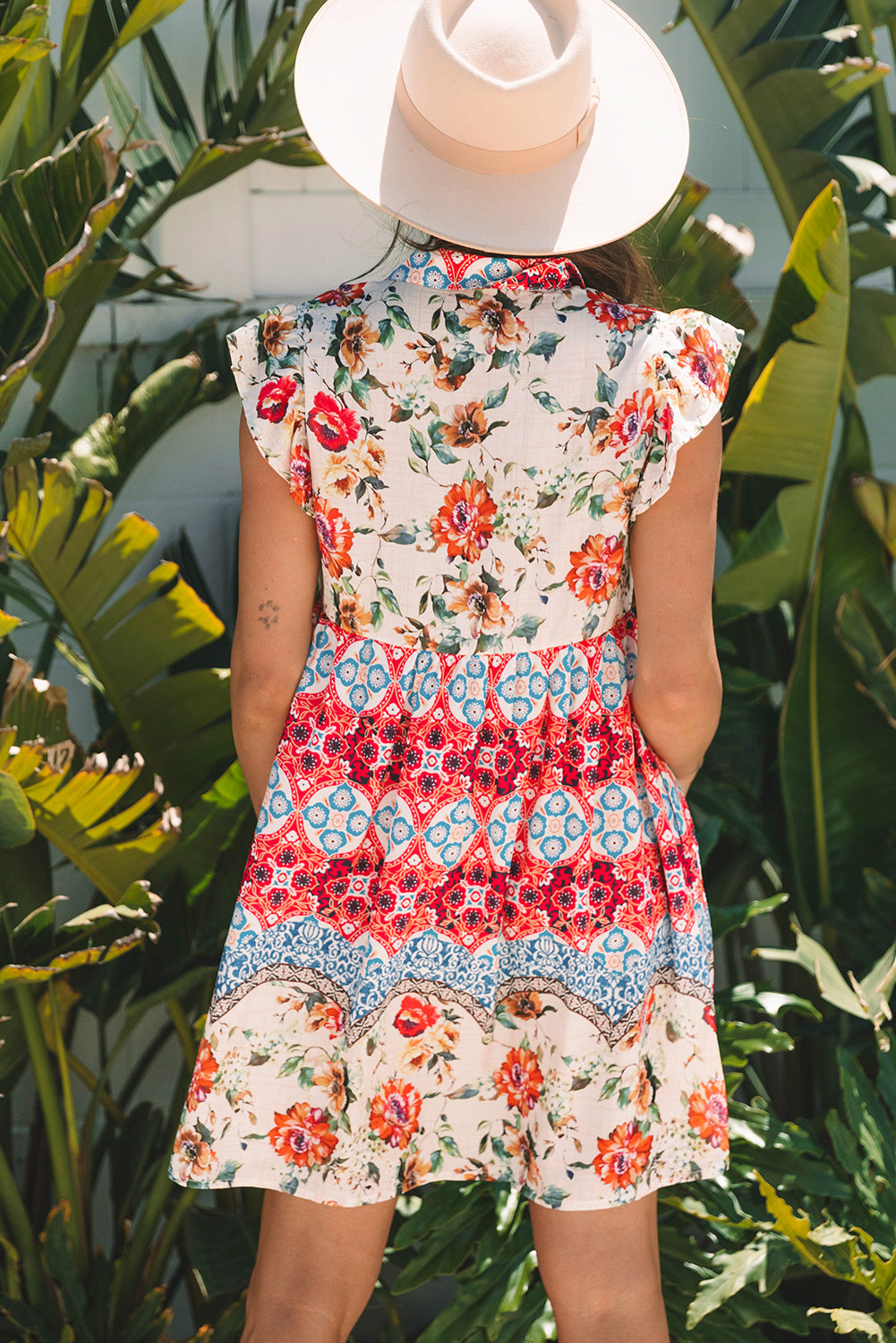 Pattern Floral Mixed Ruffle Flutter Sleeve Button-Front Dress