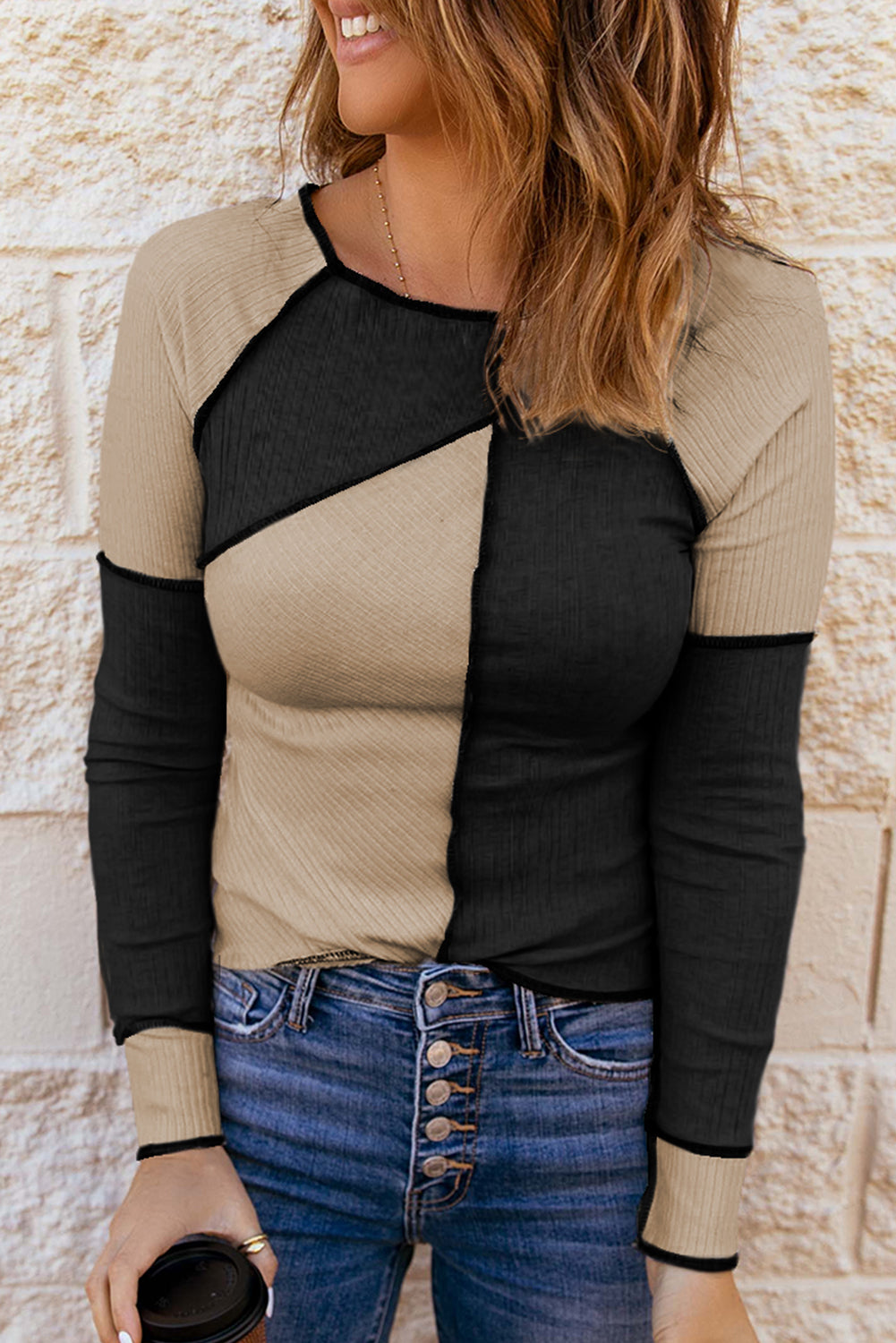 Irregular Trim Colorblock Seaming Rib-Knit Top