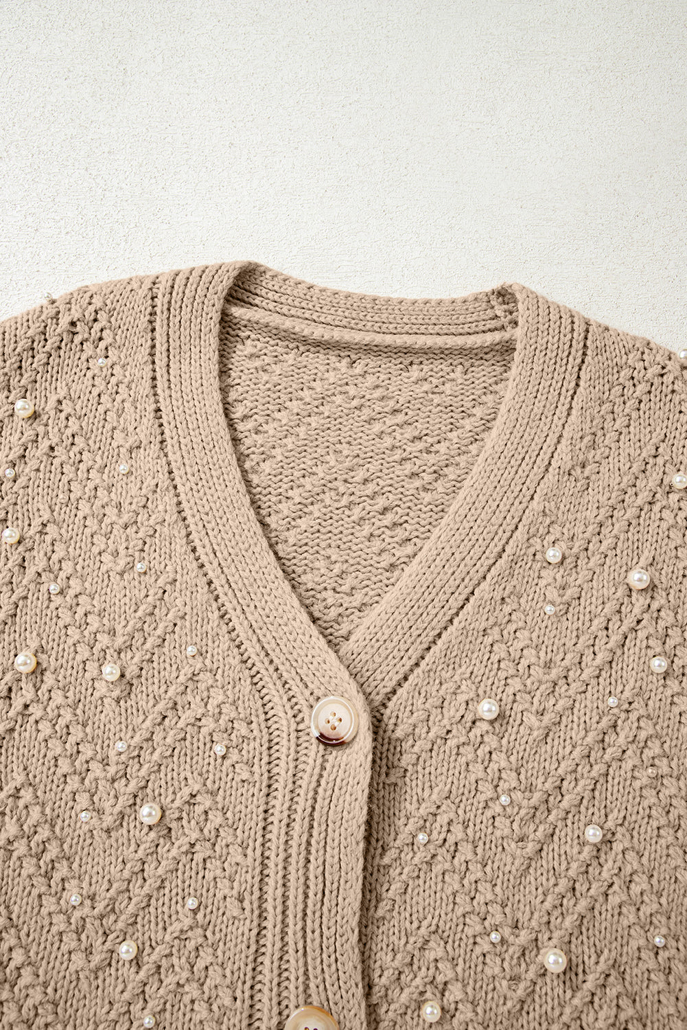 Pearl Front Embellished Button Cardigan Knit Top in Smoke Gray