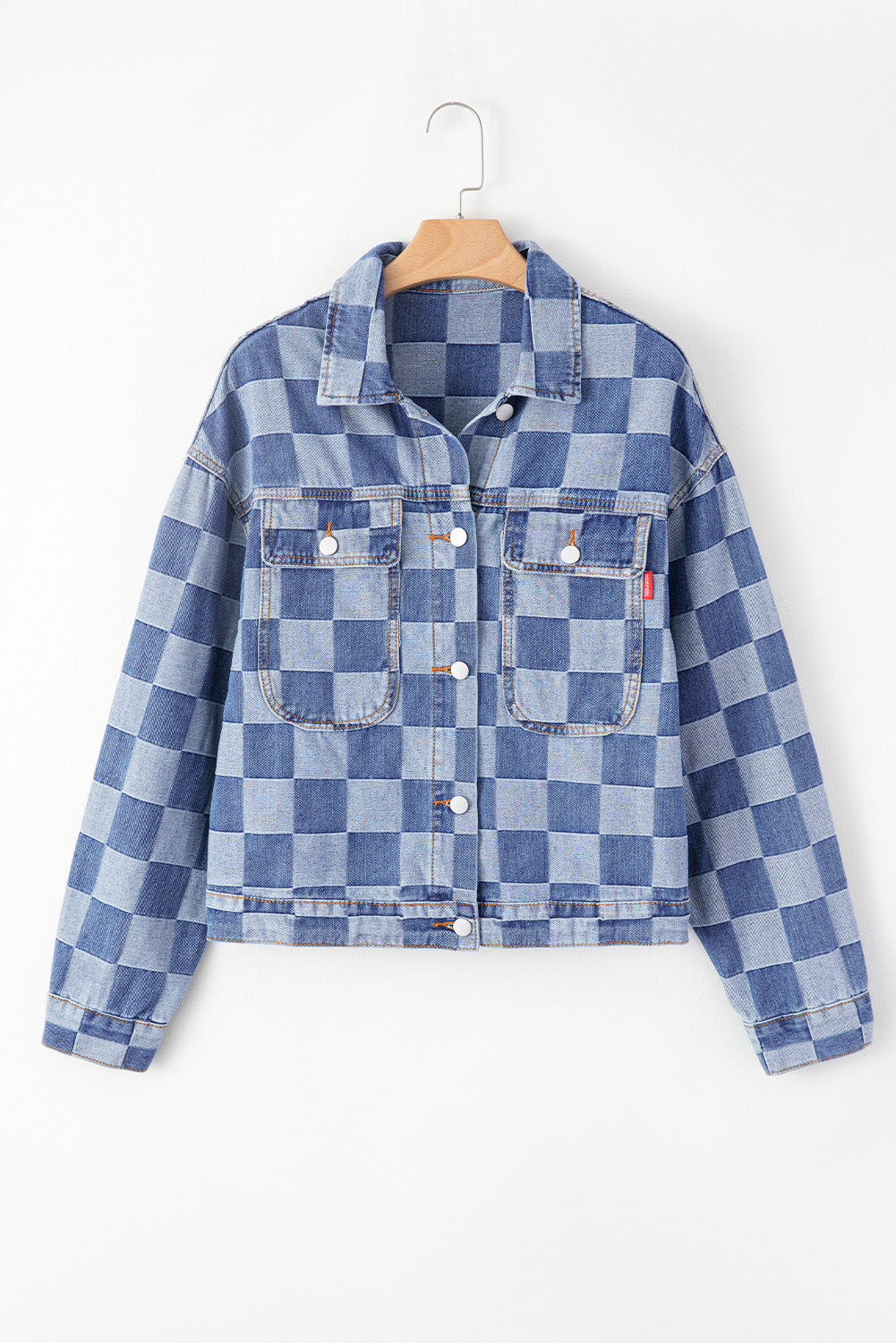Checkered Denim Patchwork Button-Front Jacket in Light Blue