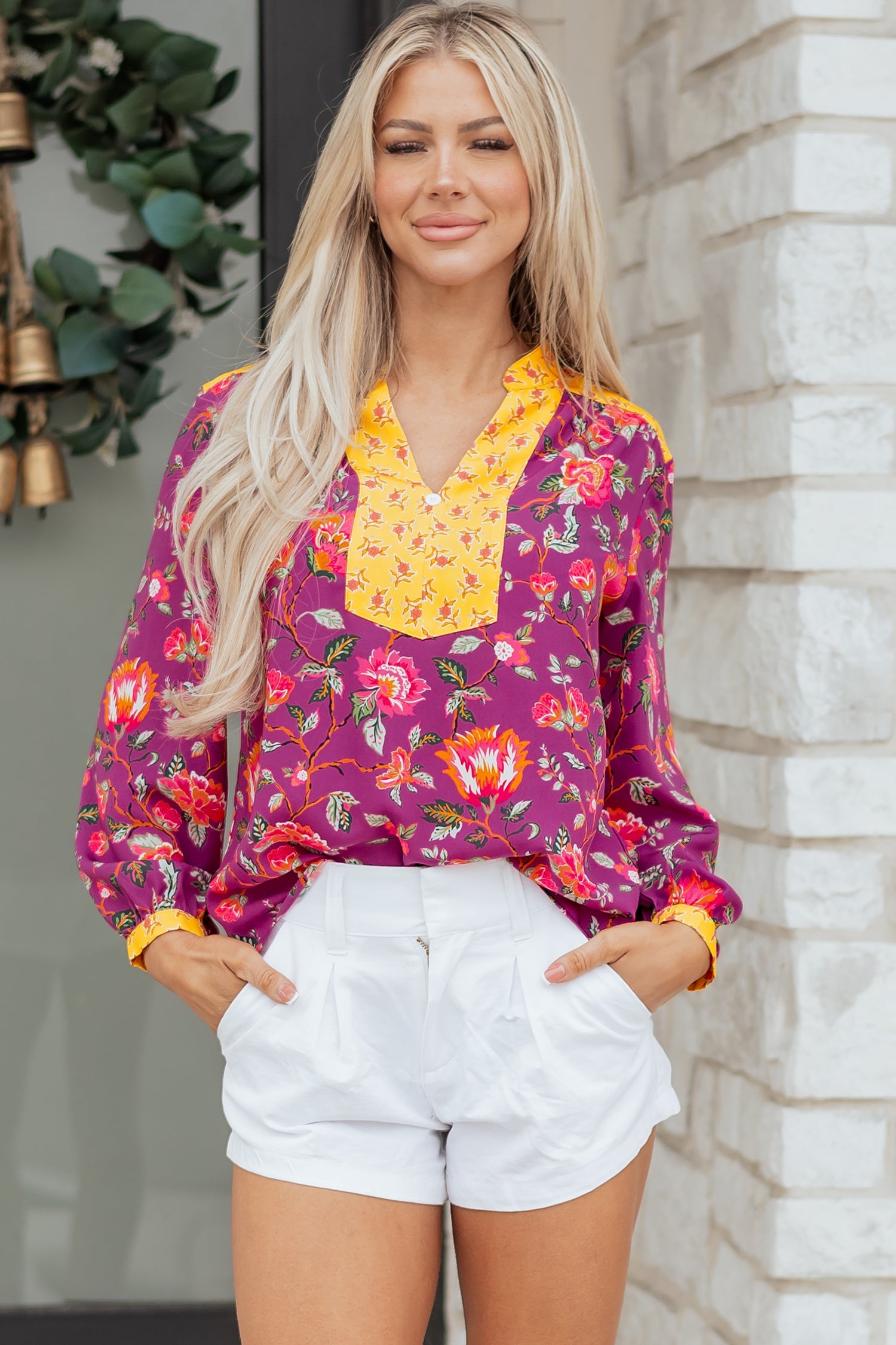 Contrast V-Neck Placket Split Floral Blouse